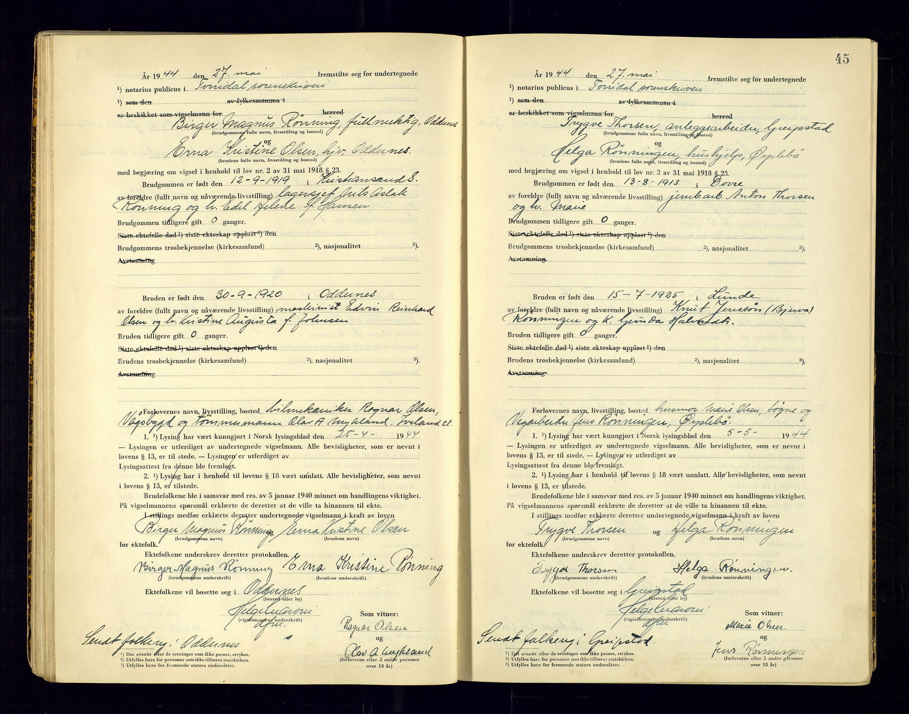 Torridal sorenskriveri, AV/SAK-1221-0012/L/Ld/L0004: Vigselbok nr. 2, 1943-1946, p. 45