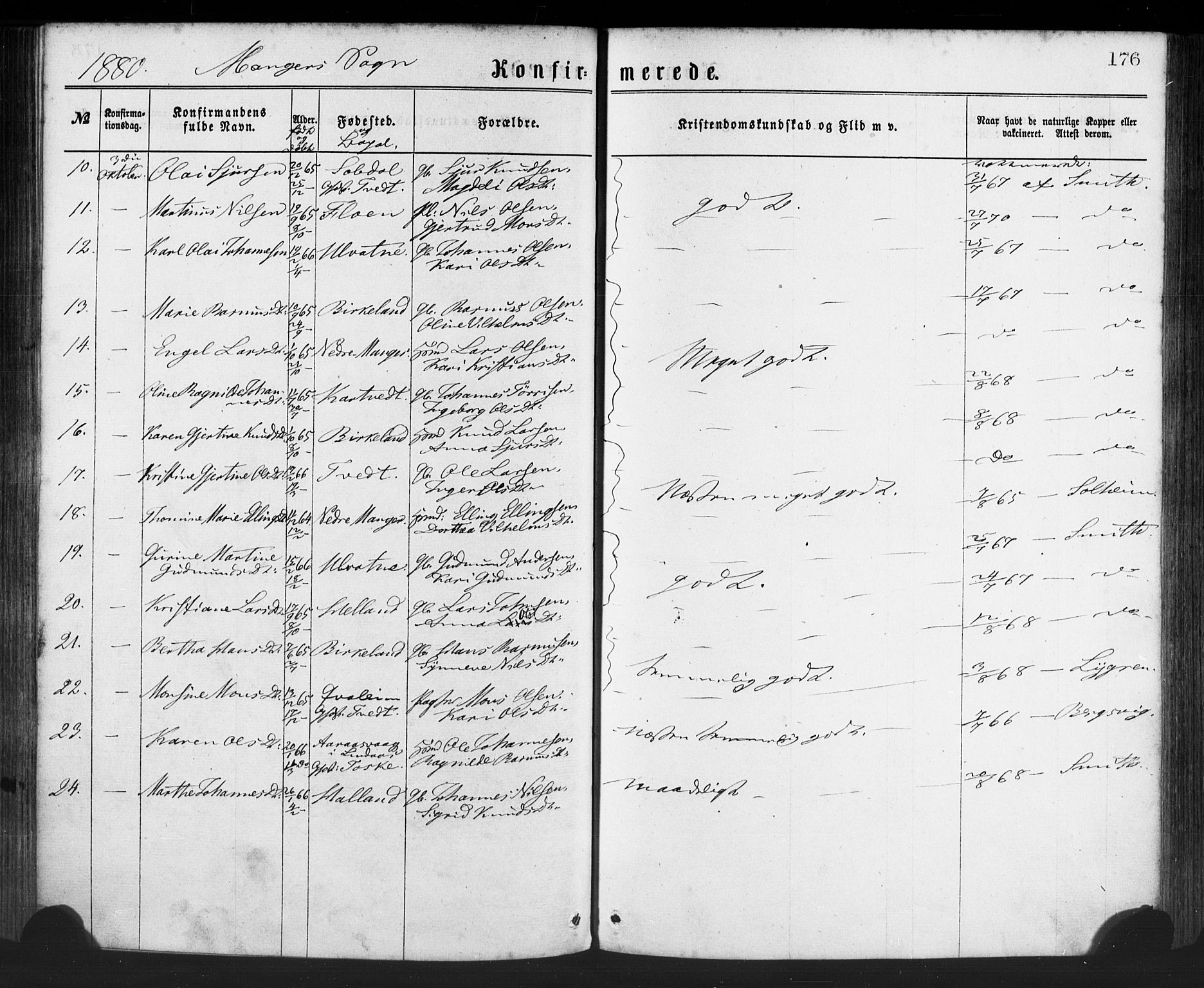 Manger sokneprestembete, SAB/A-76801/H/Haa: Parish register (official) no. A 8, 1871-1880, p. 176