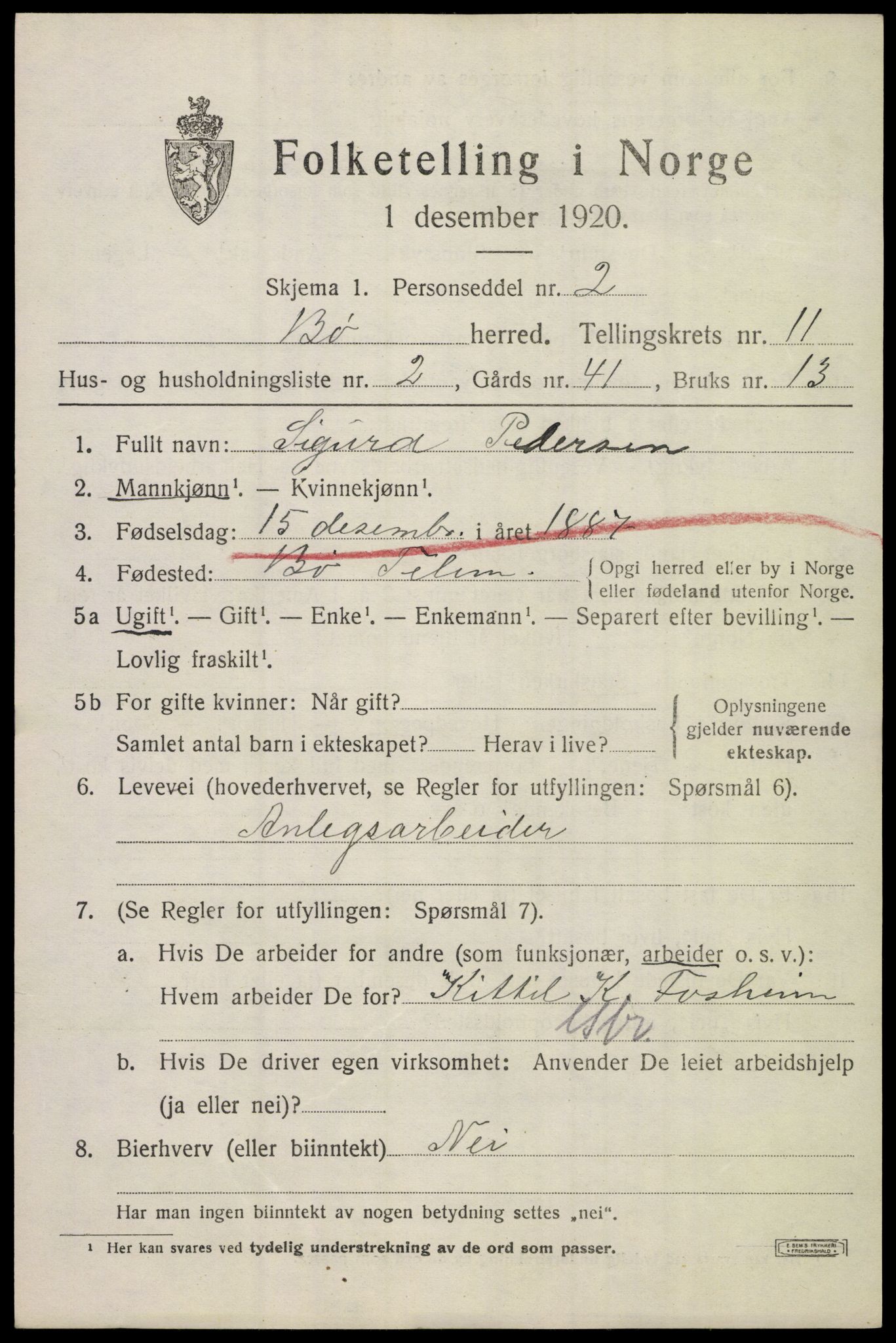 SAKO, 1920 census for Bø (Telemark), 1920, p. 6698