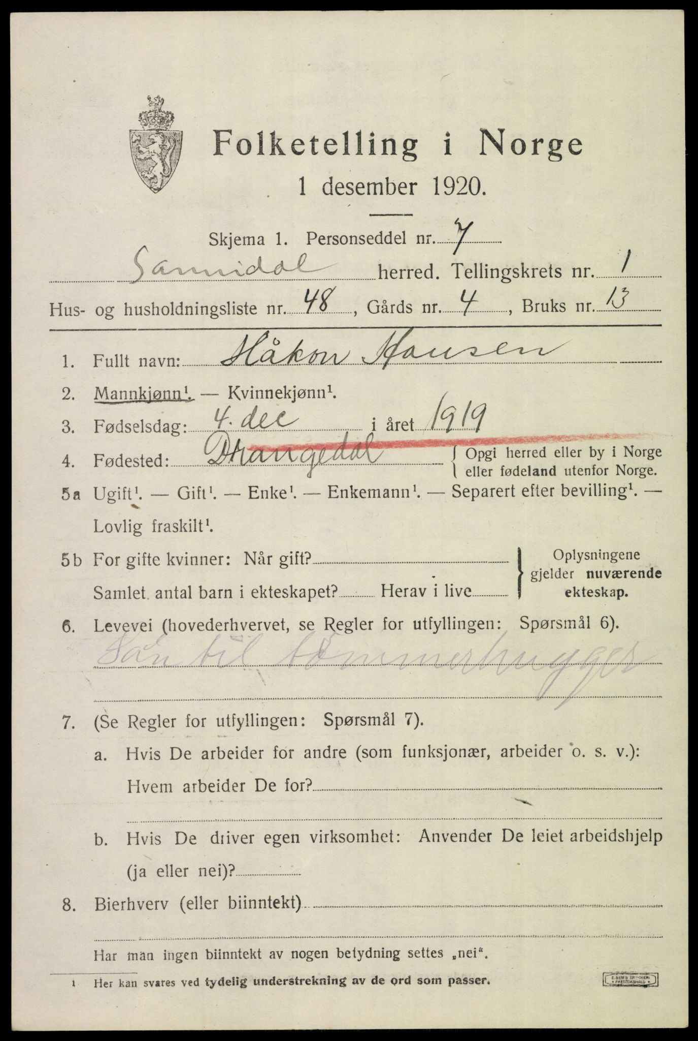SAKO, 1920 census for Sannidal, 1920, p. 1613