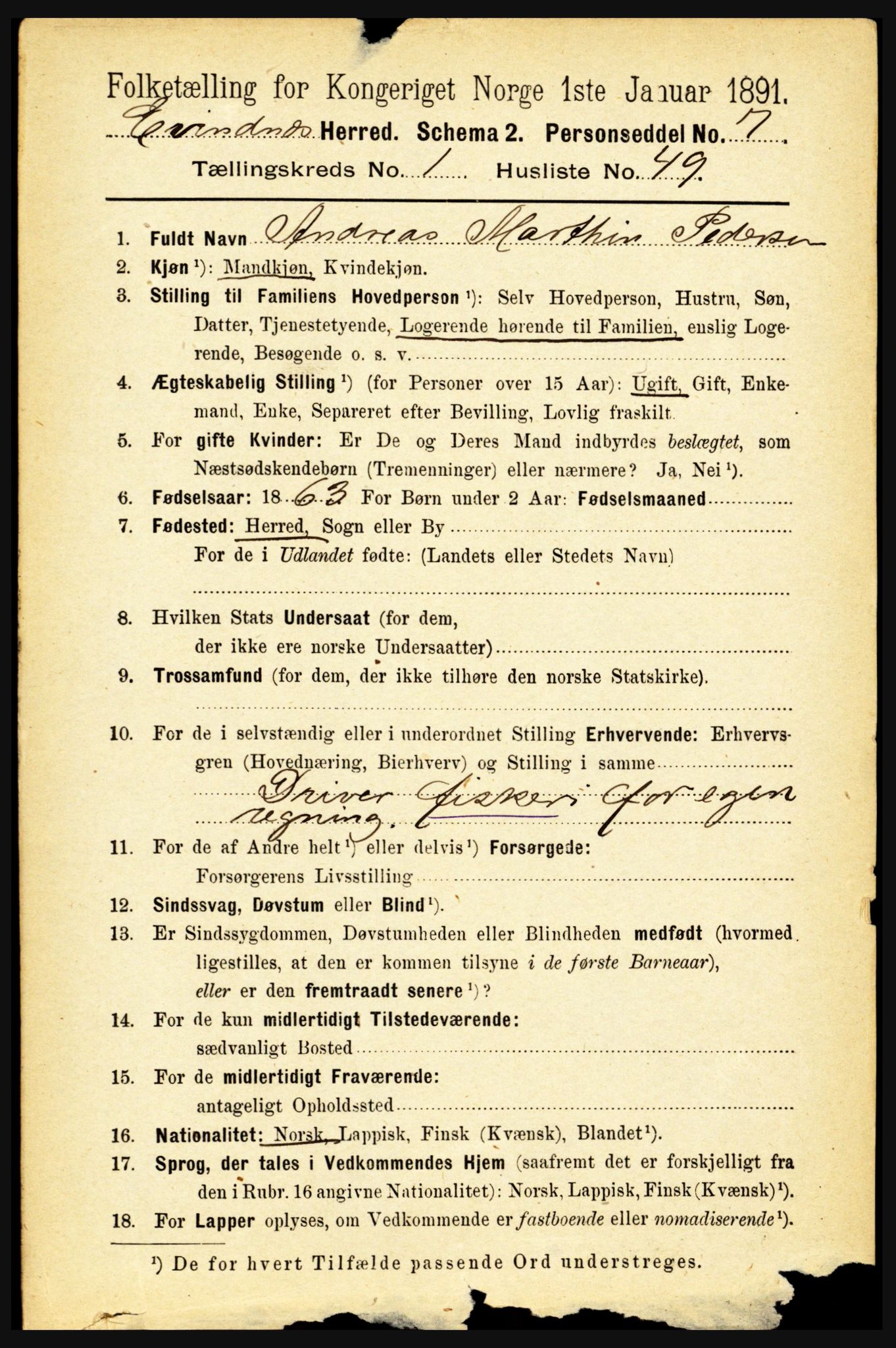 RA, 1891 census for 1853 Evenes, 1891, p. 381