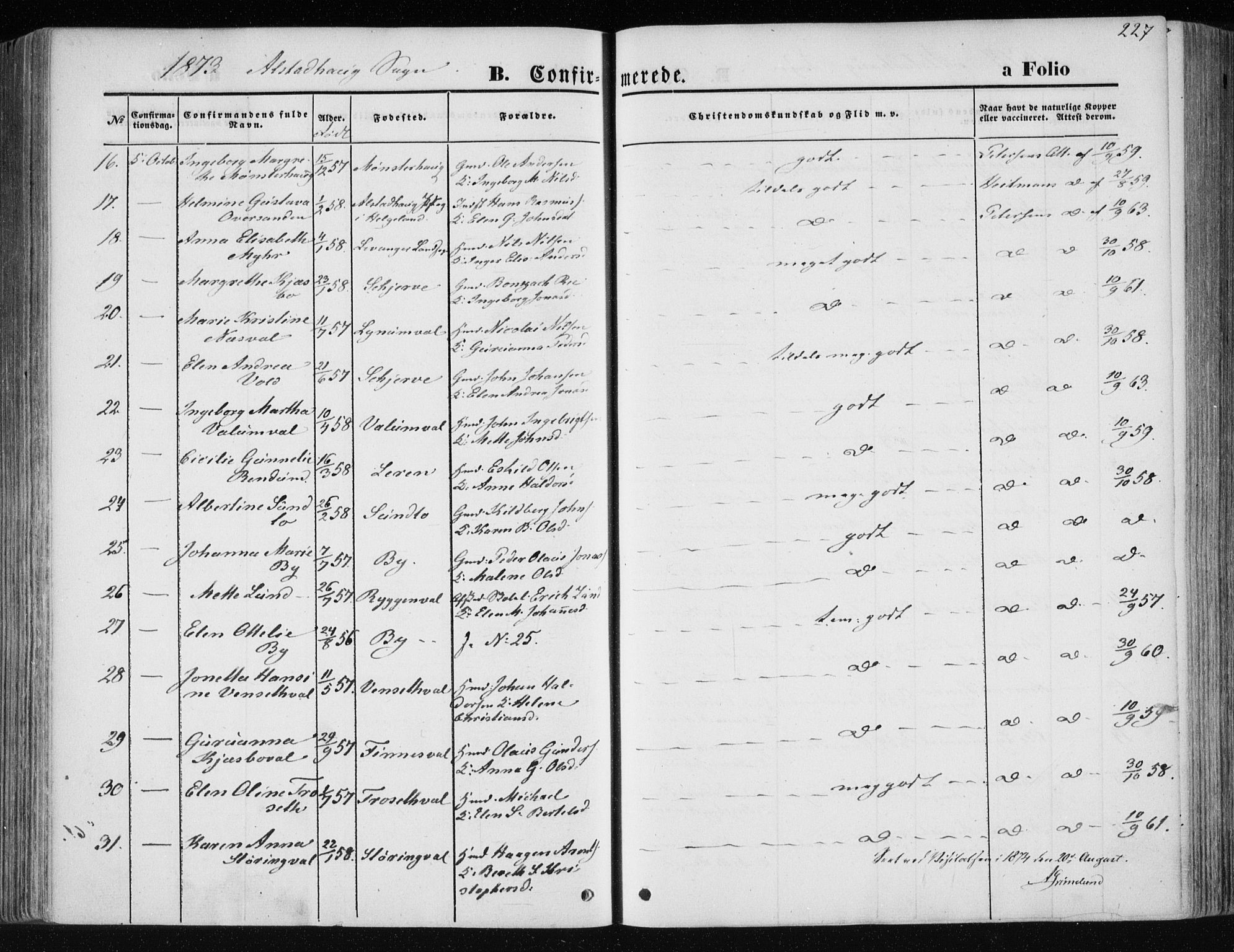 Ministerialprotokoller, klokkerbøker og fødselsregistre - Nord-Trøndelag, AV/SAT-A-1458/717/L0157: Parish register (official) no. 717A08 /1, 1863-1877, p. 227