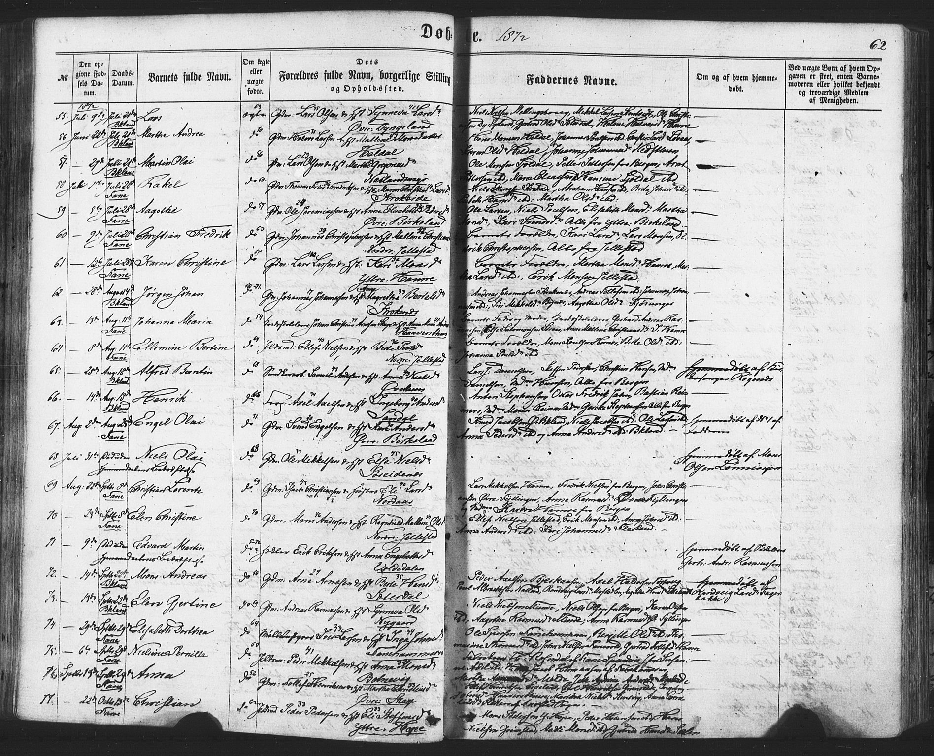 Fana Sokneprestembete, AV/SAB-A-75101/H/Haa/Haaa/L0012: Parish register (official) no. A 12, 1862-1878, p. 62