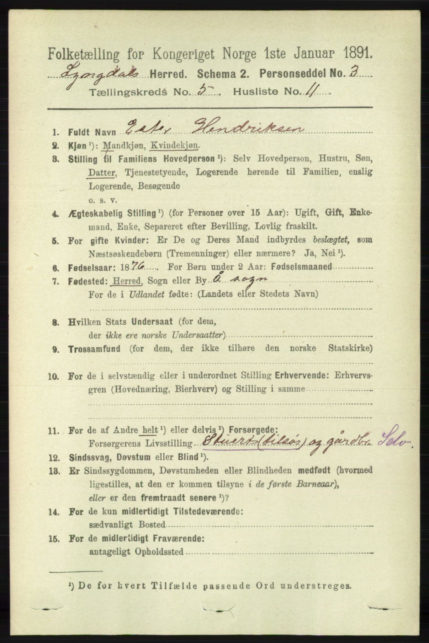 RA, 1891 census for 1032 Lyngdal, 1891, p. 1944