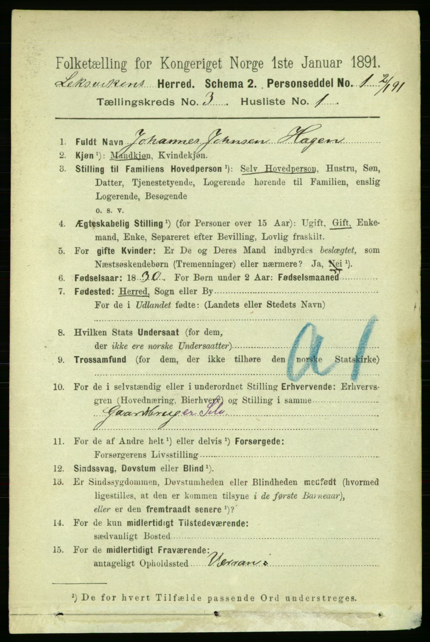 RA, 1891 census for 1718 Leksvik, 1891, p. 1198