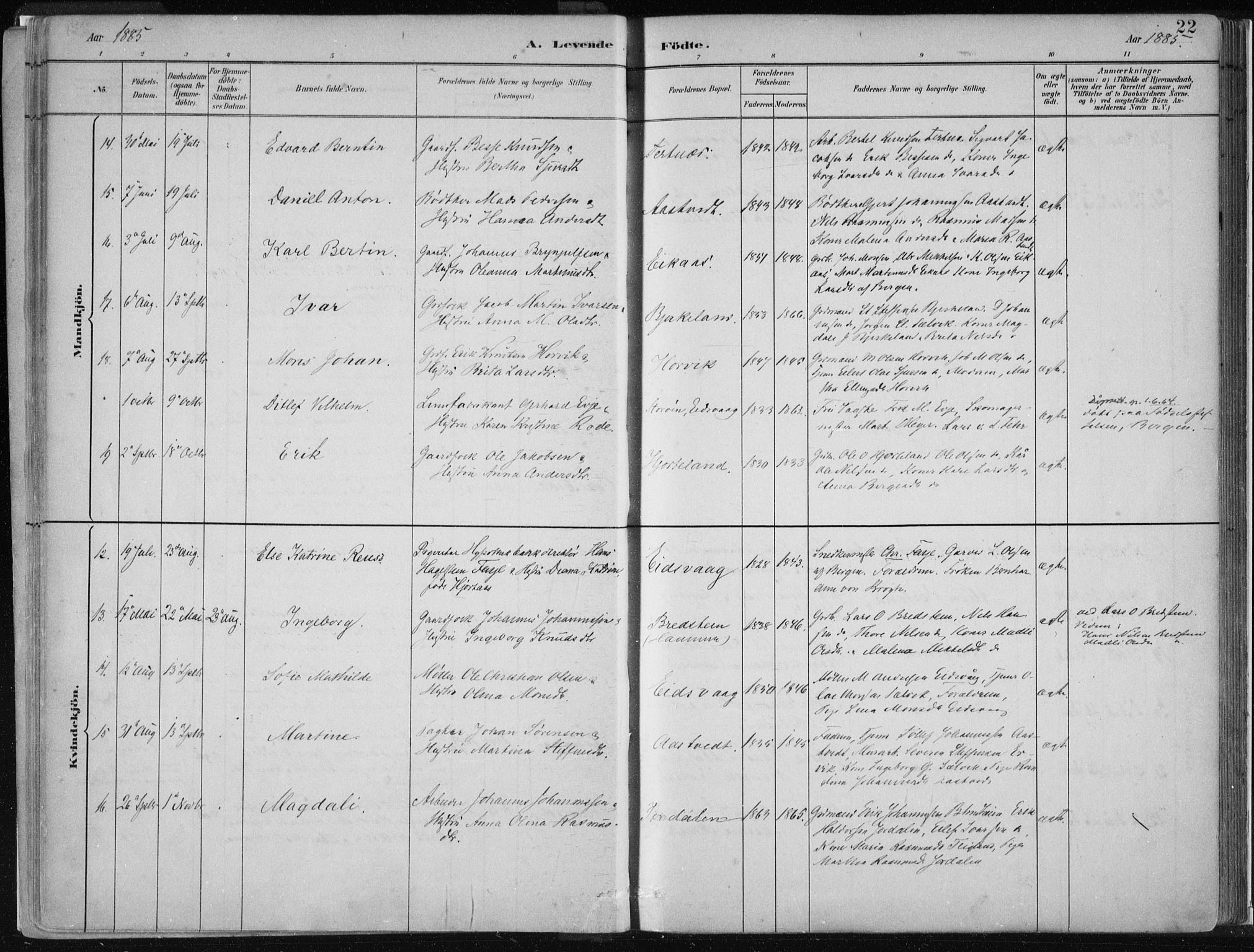 Hamre sokneprestembete, AV/SAB-A-75501/H/Ha/Haa/Haad/L0001: Parish register (official) no. D  1, 1882-1906, p. 22