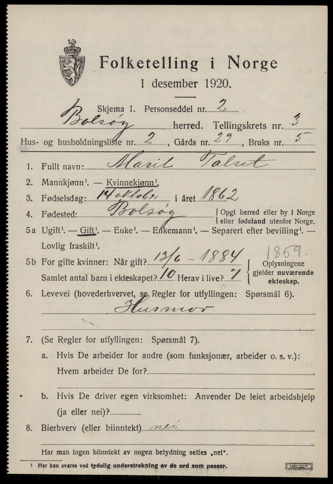 SAT, 1920 census for Bolsøy, 1920, p. 5349