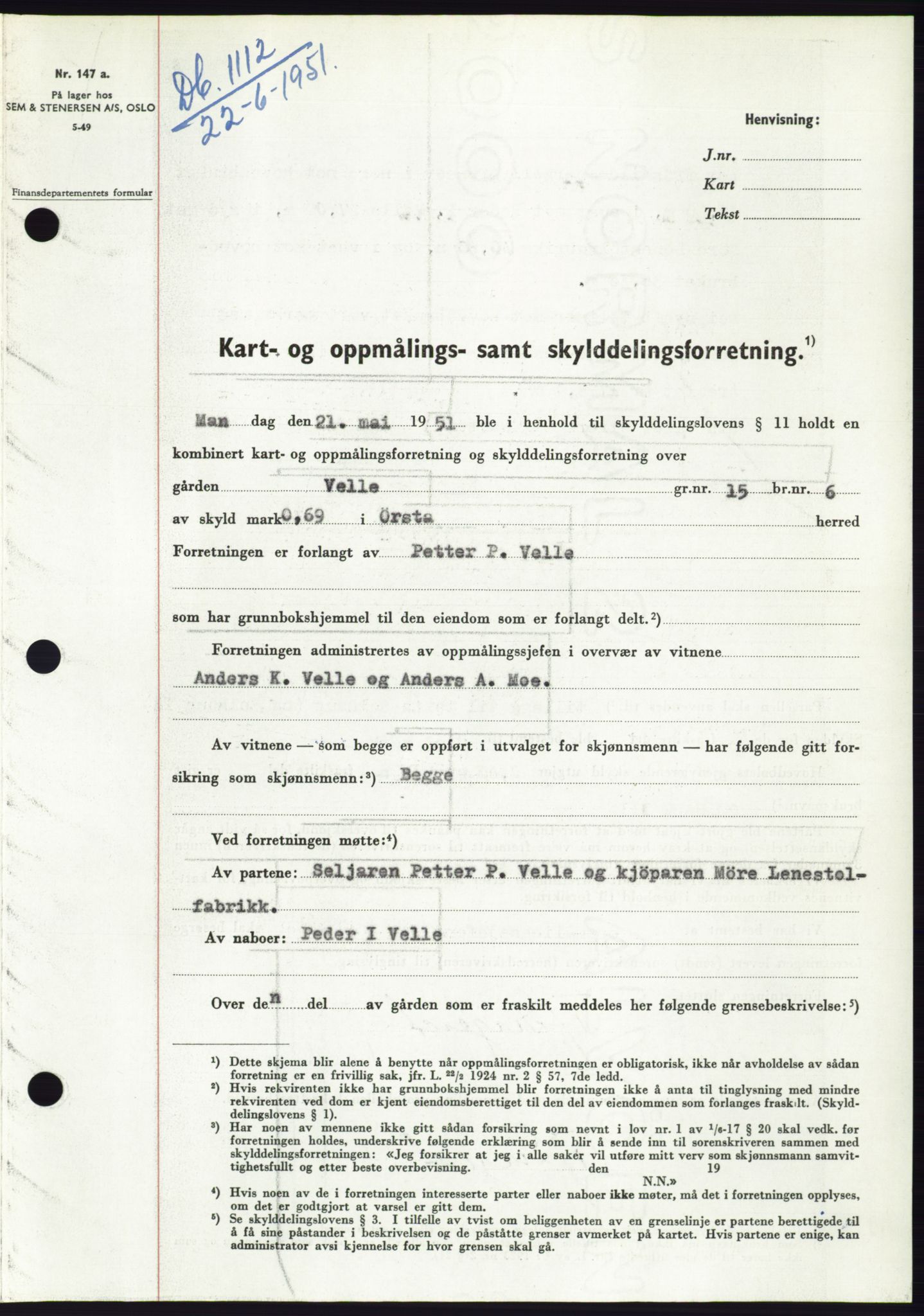 Søre Sunnmøre sorenskriveri, AV/SAT-A-4122/1/2/2C/L0089: Mortgage book no. 15A, 1951-1951, Diary no: : 1112/1951