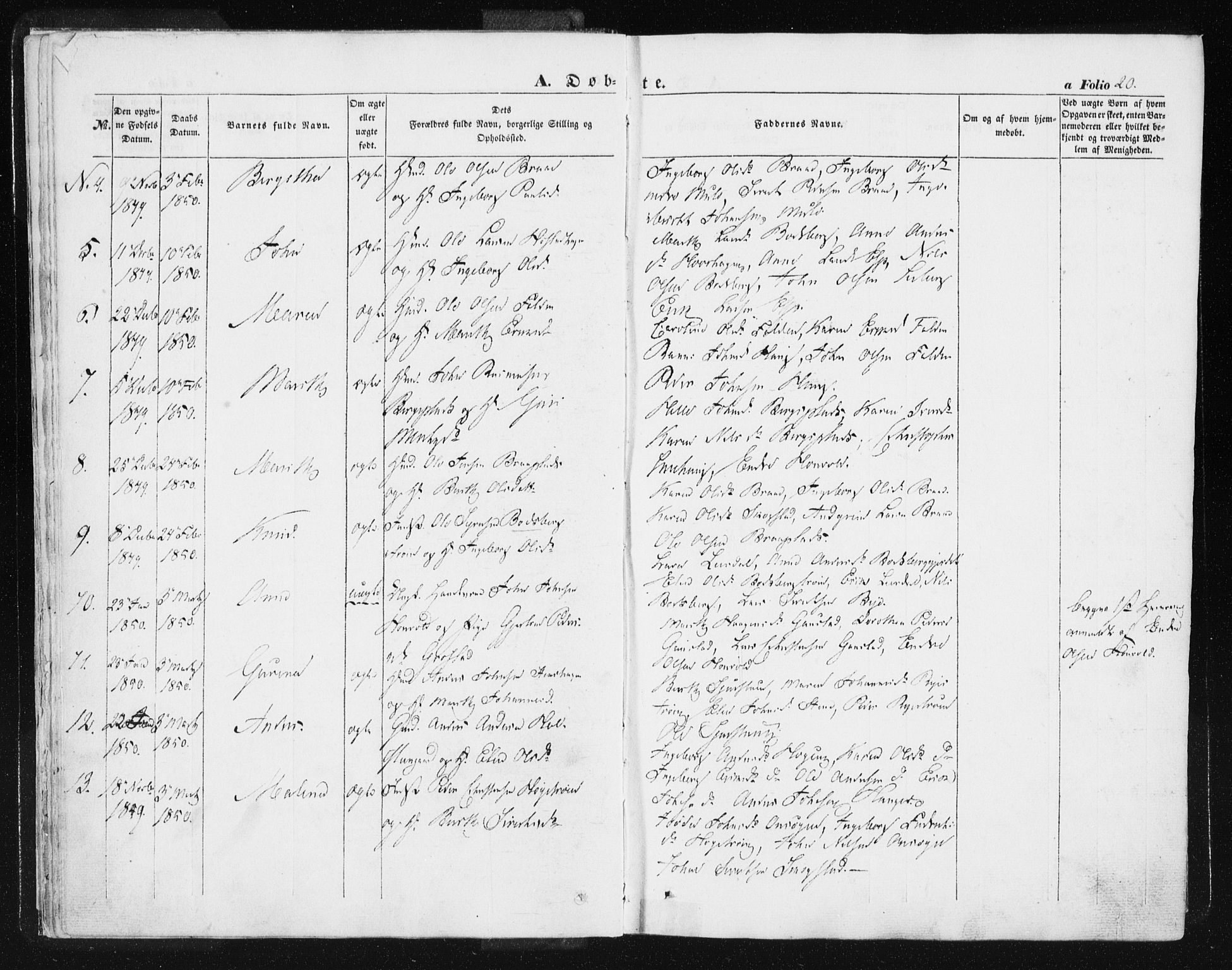 Ministerialprotokoller, klokkerbøker og fødselsregistre - Sør-Trøndelag, SAT/A-1456/612/L0376: Parish register (official) no. 612A08, 1846-1859, p. 20