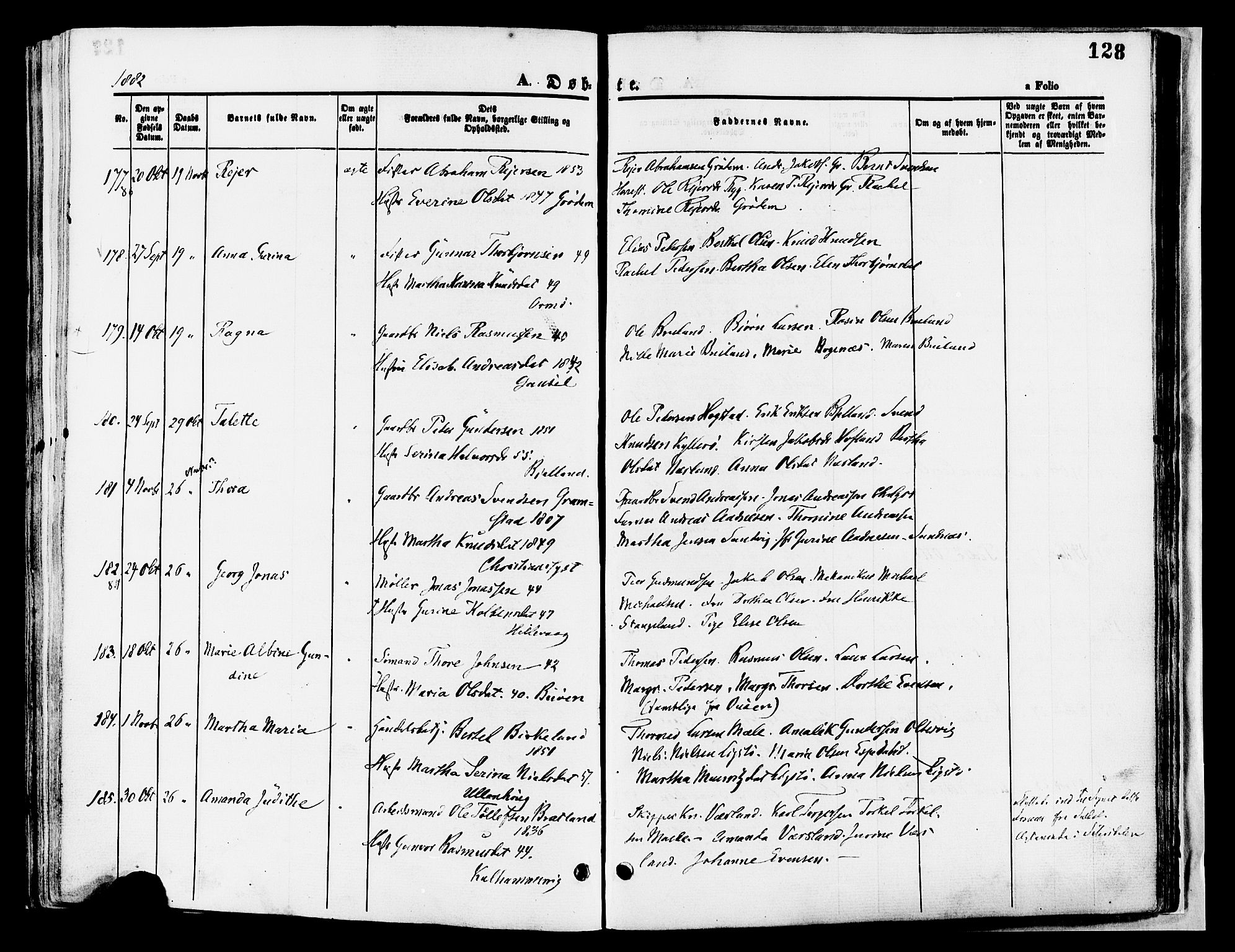 Hetland sokneprestkontor, AV/SAST-A-101826/30/30BA/L0008: Parish register (official) no. A 8, 1877-1884, p. 128