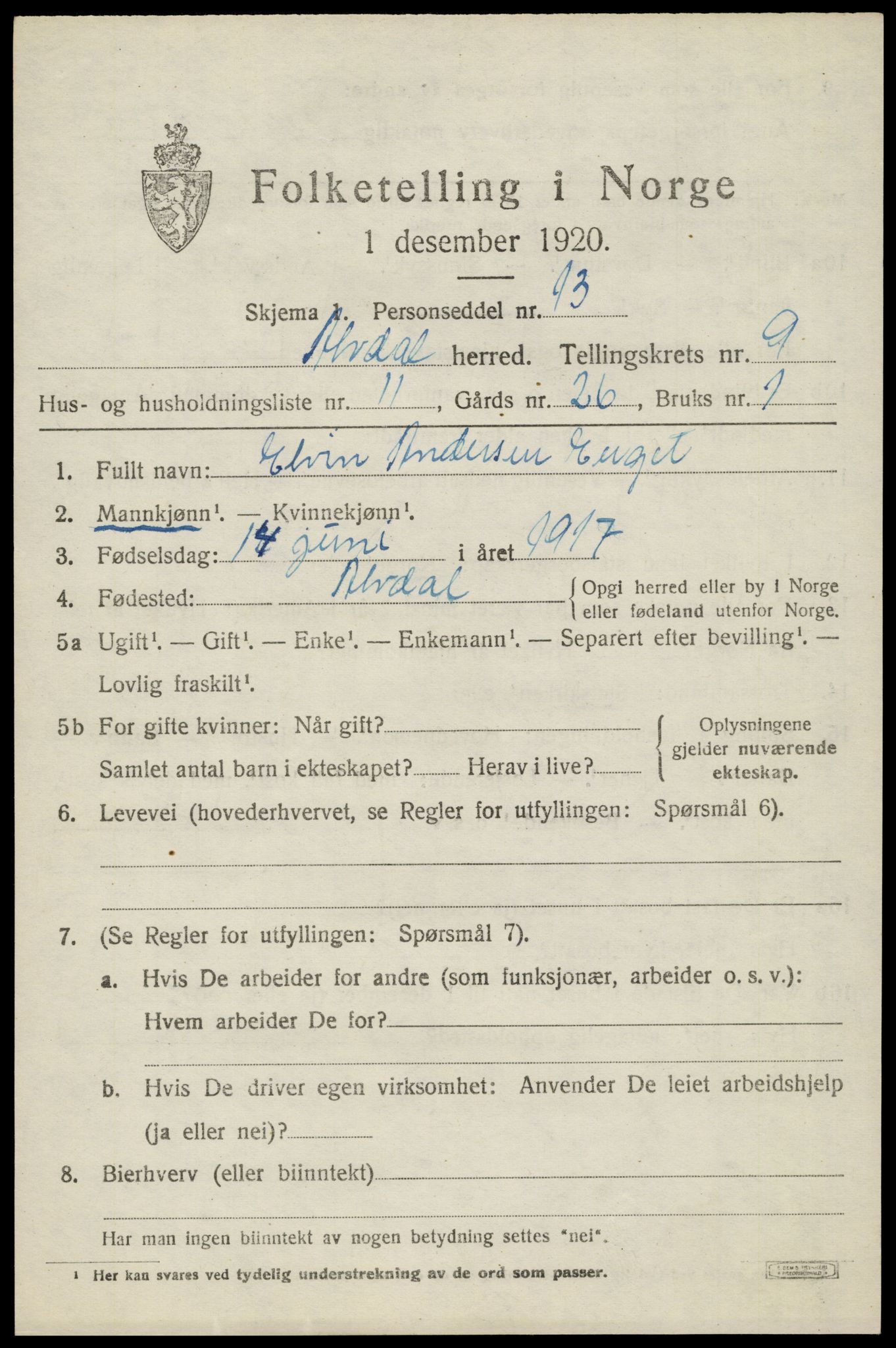 SAH, 1920 census for Alvdal, 1920, p. 5074