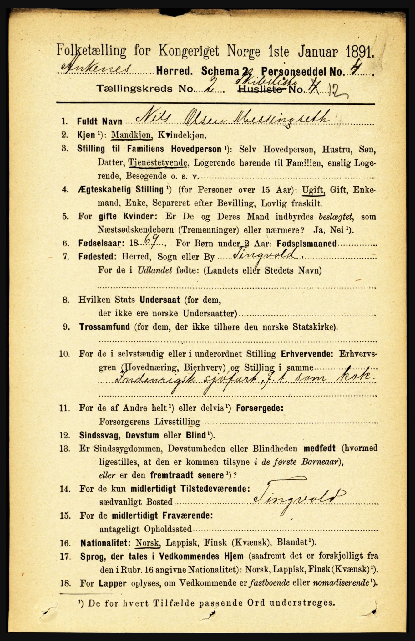 RA, 1891 census for 1855 Ankenes, 1891, p. 1459