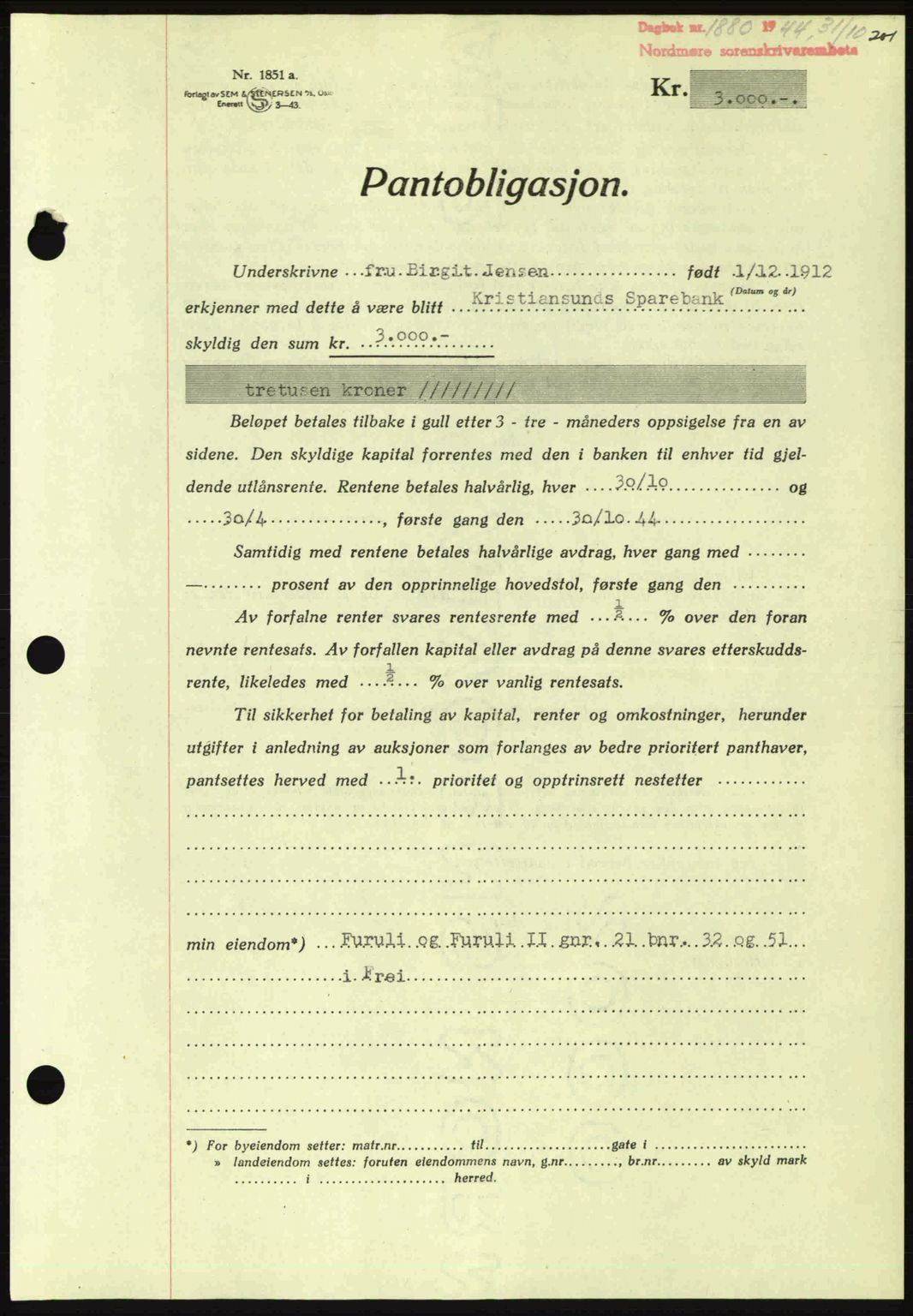 Nordmøre sorenskriveri, AV/SAT-A-4132/1/2/2Ca: Mortgage book no. B92, 1944-1945, Diary no: : 1880/1944