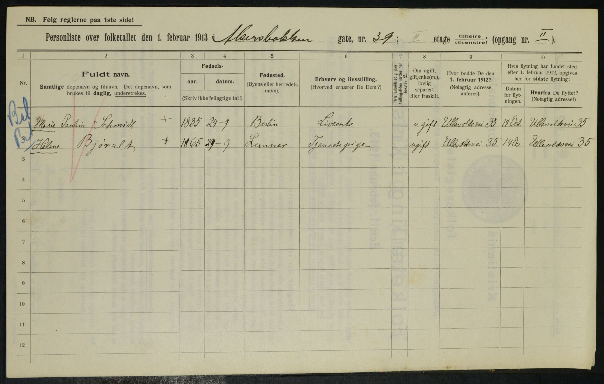 OBA, Municipal Census 1913 for Kristiania, 1913, p. 298