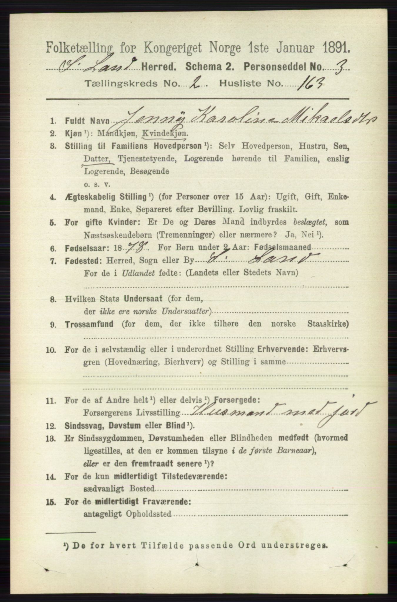 RA, 1891 census for 0536 Søndre Land, 1891, p. 2026