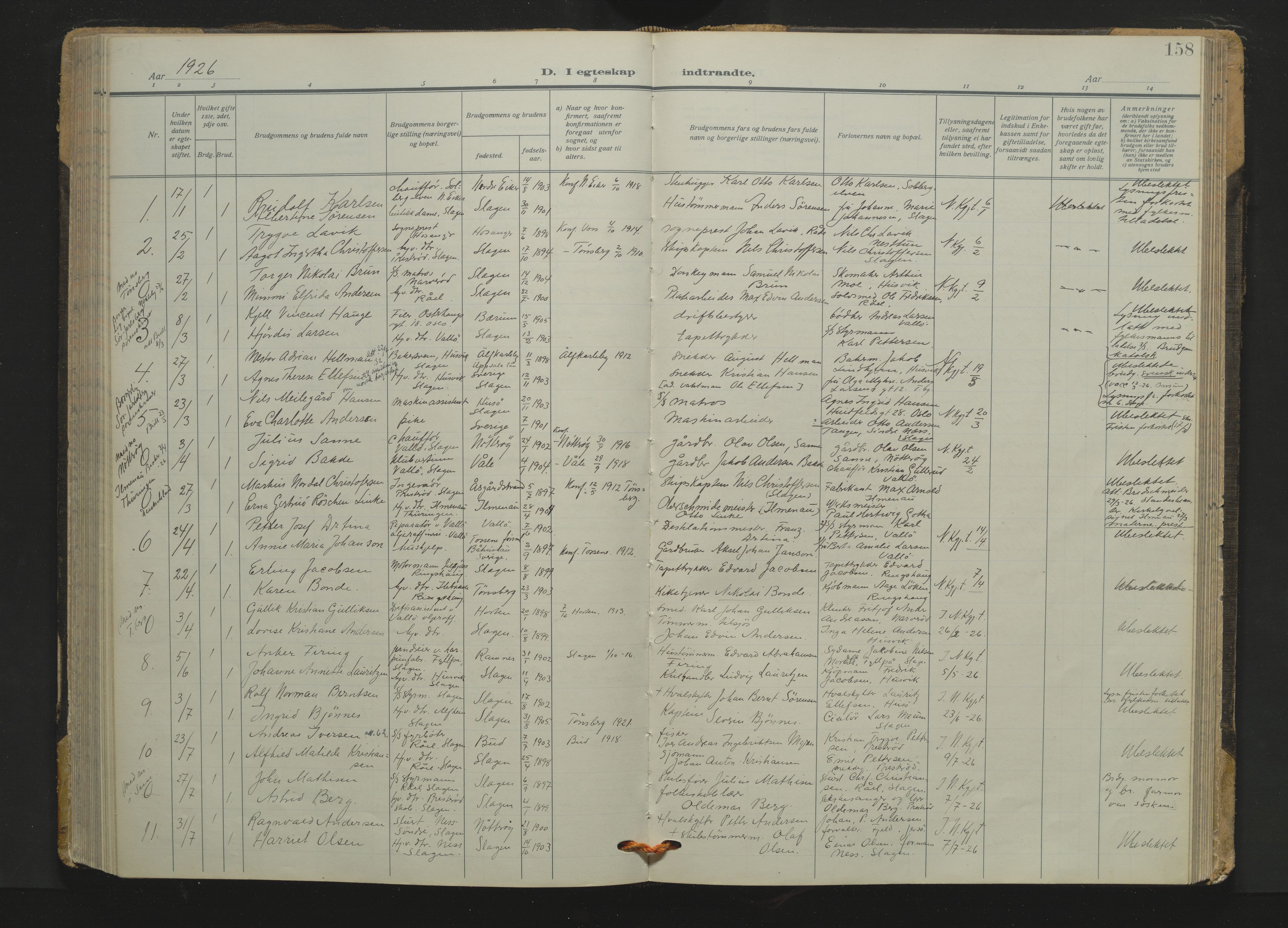 Søndre Slagen kirkebøker, AV/SAKO-A-326/F/Fa/L0001: Parish register (official) no. 1, 1922-1935, p. 158