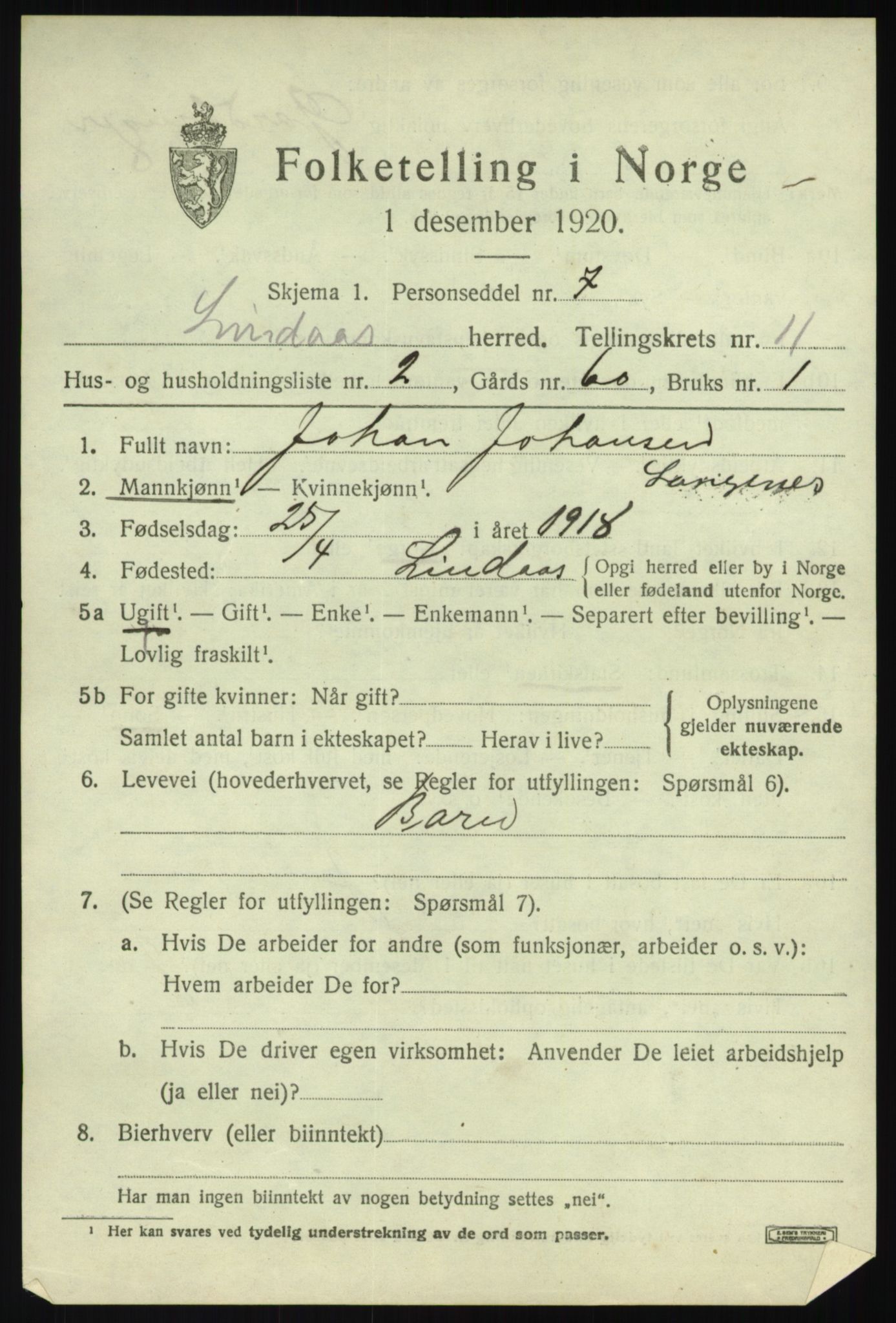 SAB, 1920 census for Lindås, 1920, p. 5621