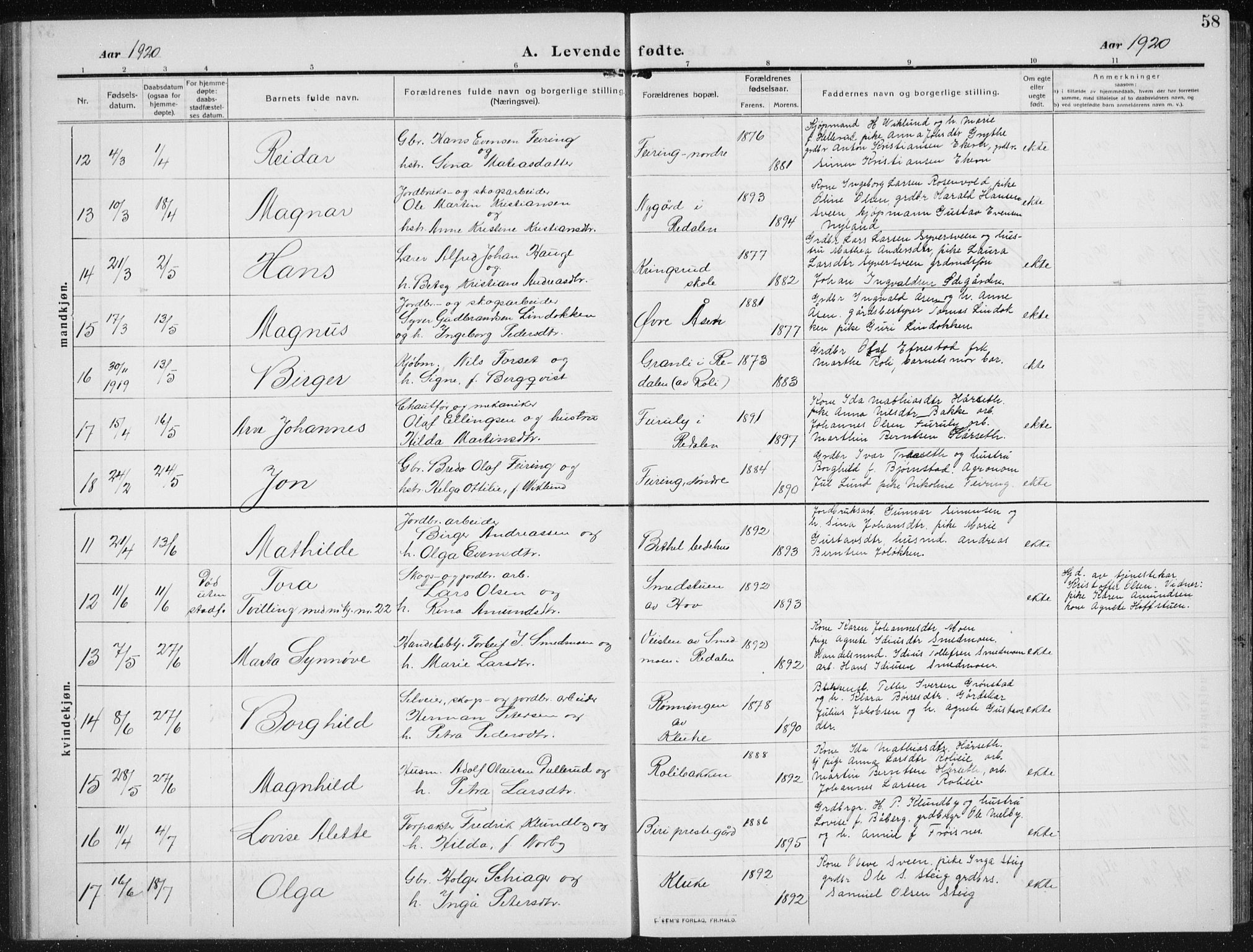 Biri prestekontor, AV/SAH-PREST-096/H/Ha/Hab/L0006: Parish register (copy) no. 6, 1909-1938, p. 58