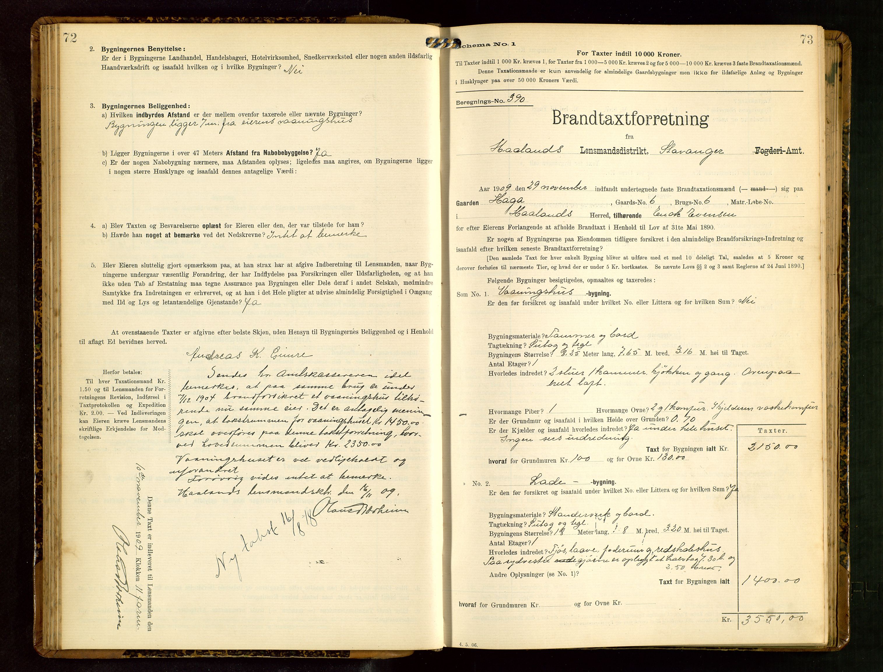 Håland lensmannskontor, AV/SAST-A-100100/Gob/L0003: Branntakstprotokoll - skjematakst. Register i boken., 1909-1910, p. 72-73