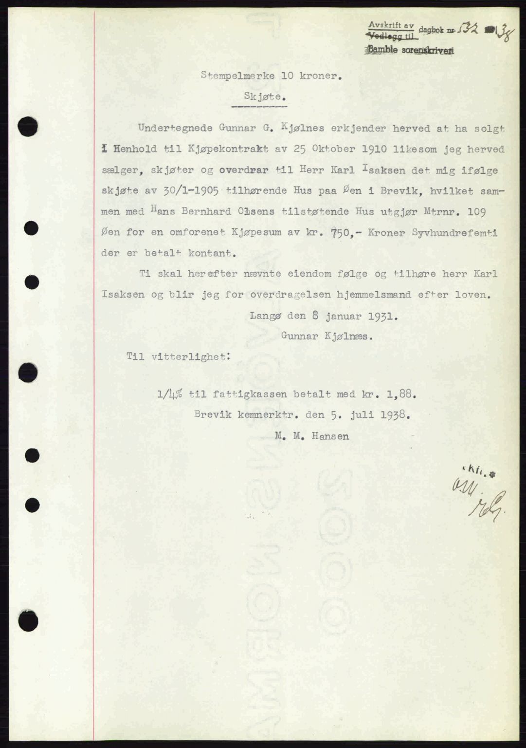 Bamble sorenskriveri, AV/SAKO-A-214/G/Ga/Gag/L0002: Mortgage book no. A-2, 1937-1938, Diary no: : 532/1938