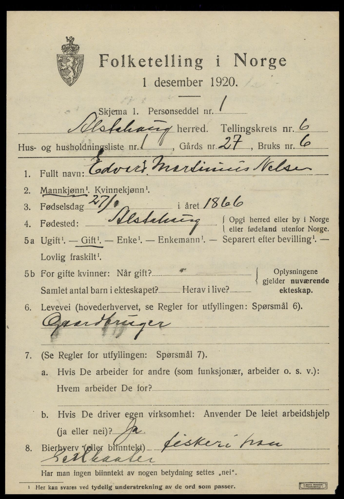 SAT, 1920 census for Alstahaug, 1920, p. 3261