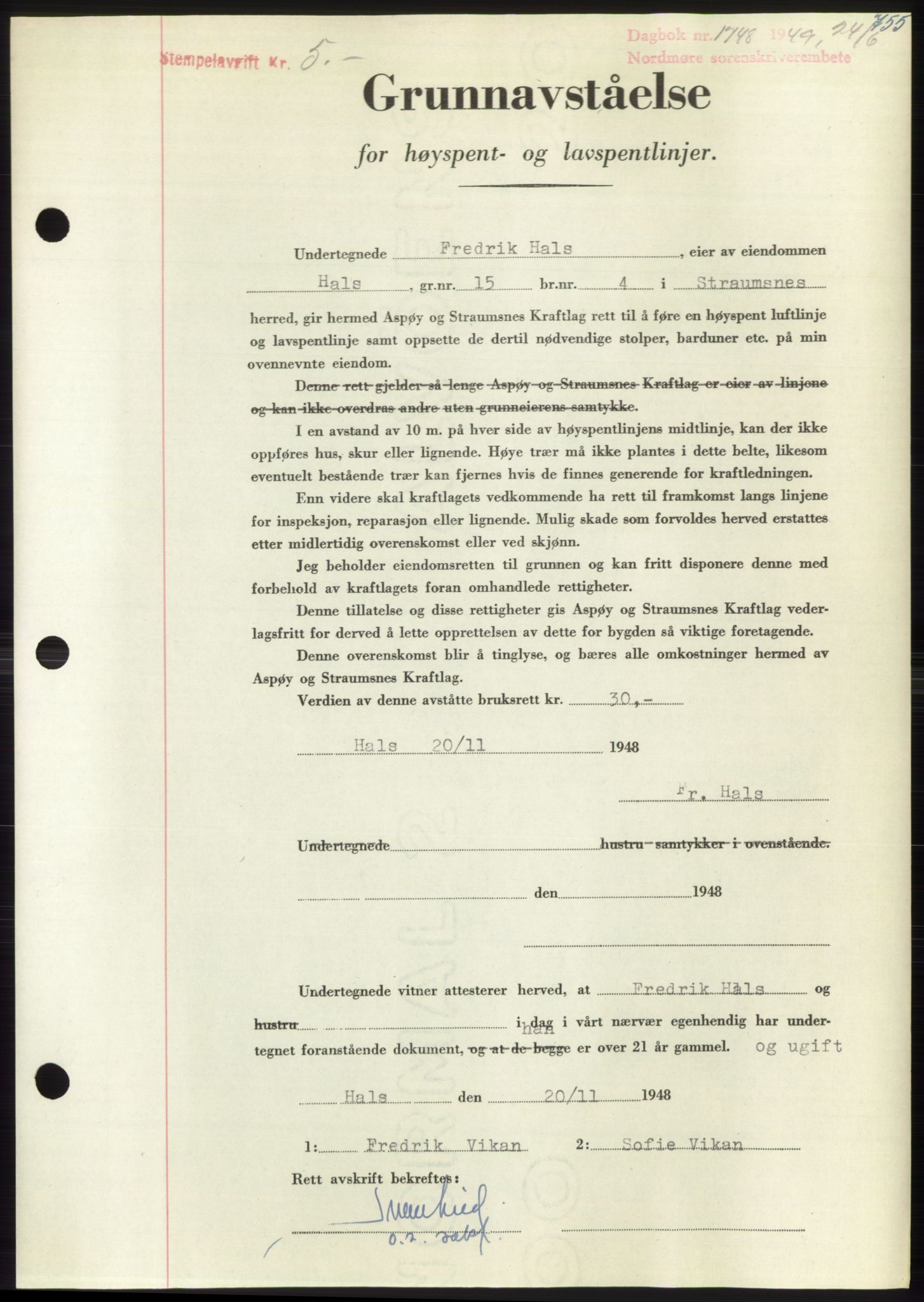 Nordmøre sorenskriveri, AV/SAT-A-4132/1/2/2Ca: Mortgage book no. B101, 1949-1949, Diary no: : 1748/1949