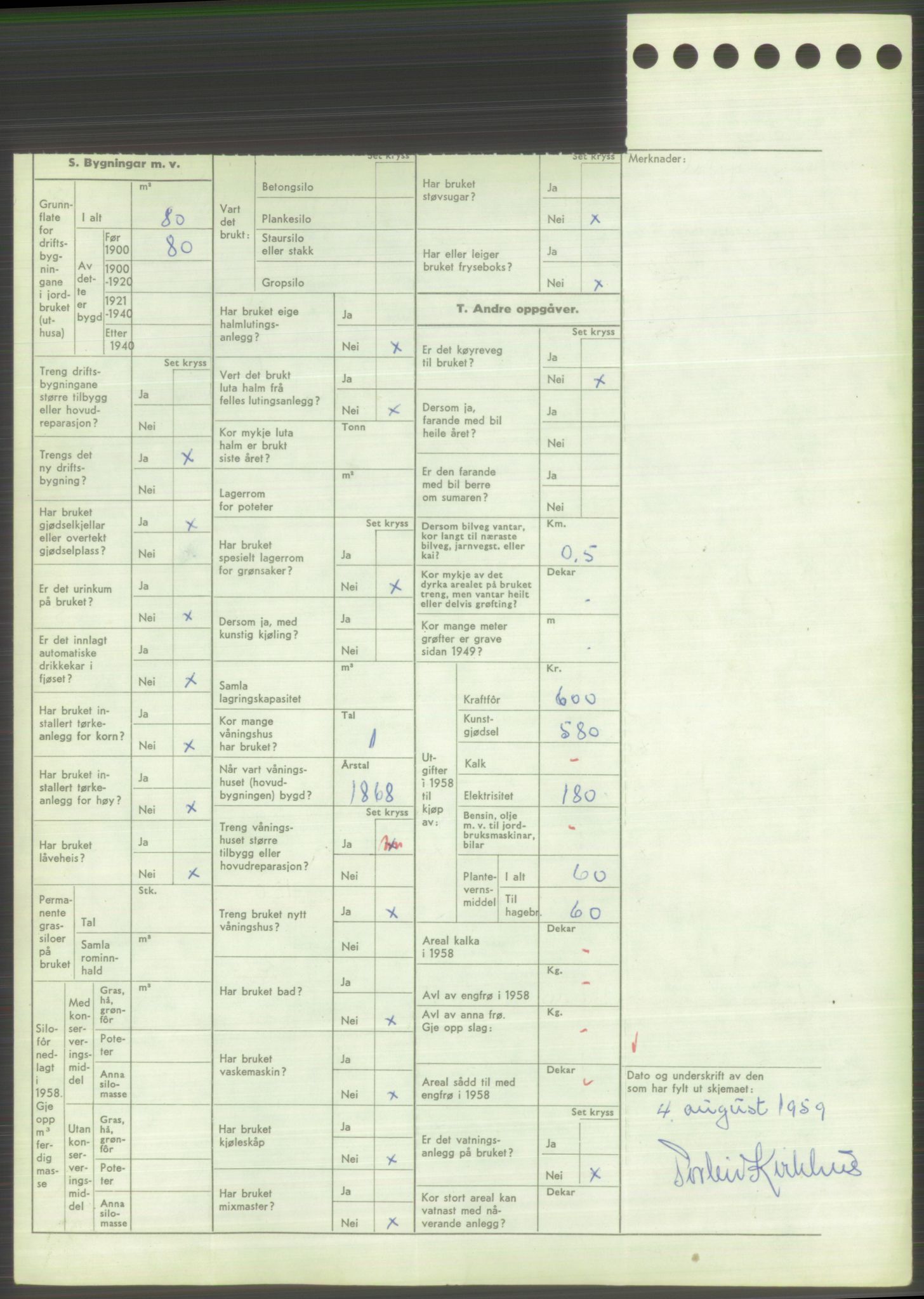 Statistisk sentralbyrå, Næringsøkonomiske emner, Jordbruk, skogbruk, jakt, fiske og fangst, AV/RA-S-2234/G/Gd/L0373: Rogaland: 1130 Strand (kl. 1-2), 1131 Årdal og 1132 Fister, 1959, p. 1178