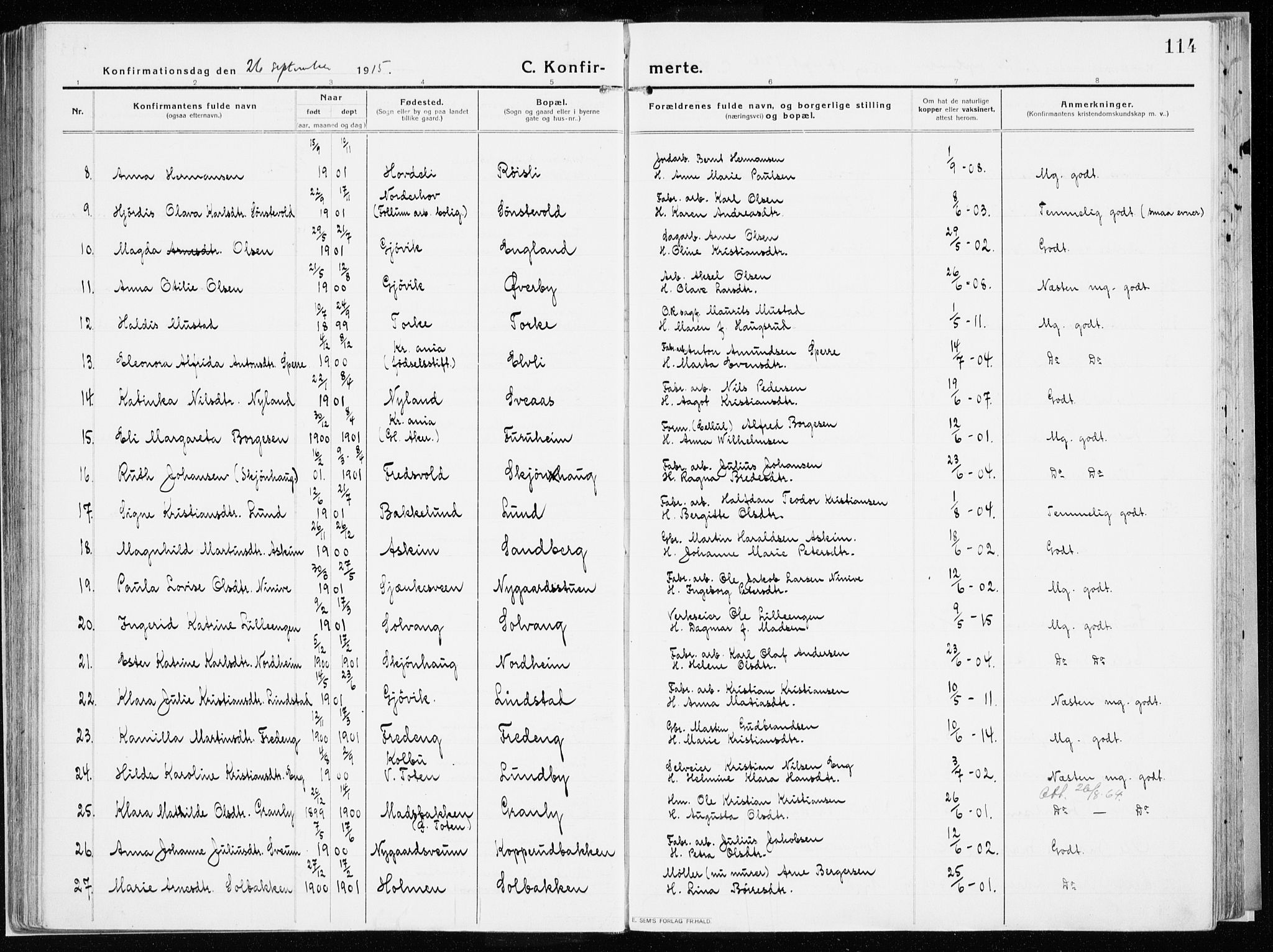 Vardal prestekontor, SAH/PREST-100/H/Ha/Haa/L0017: Parish register (official) no. 17, 1915-1929, p. 114