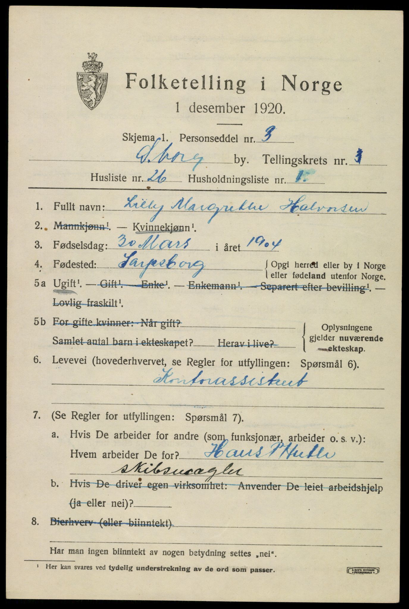 SAO, 1920 census for Sarpsborg, 1920, p. 21368