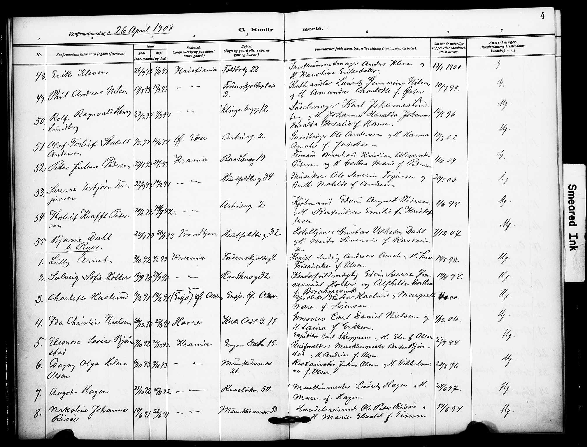 Johannes prestekontor Kirkebøker, AV/SAO-A-10852/F/Fa/L0011: Parish register (official) no. 11, 1908-1921, p. 4