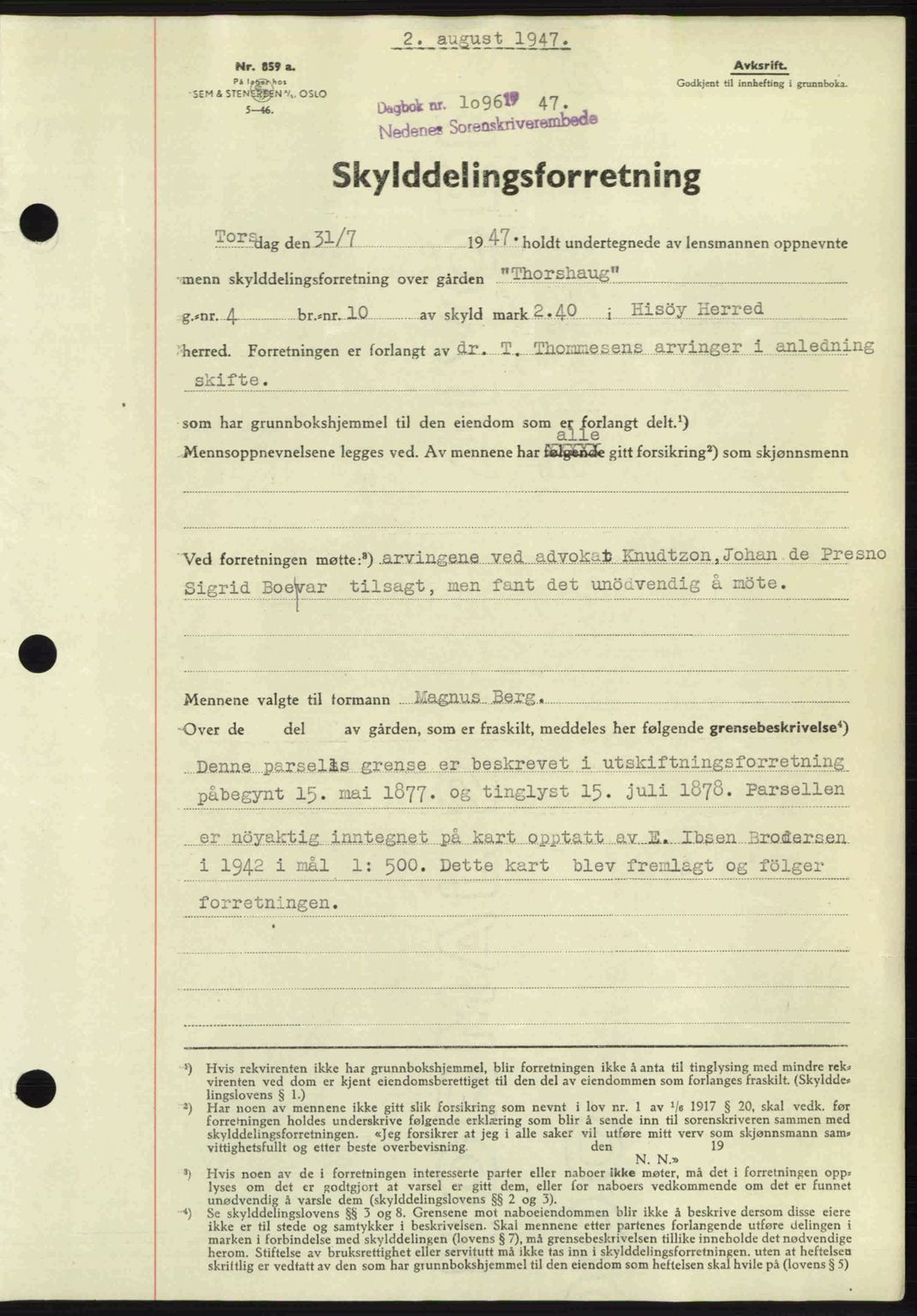 Nedenes sorenskriveri, AV/SAK-1221-0006/G/Gb/Gba/L0057: Mortgage book no. A9, 1947-1947, Diary no: : 1096/1947