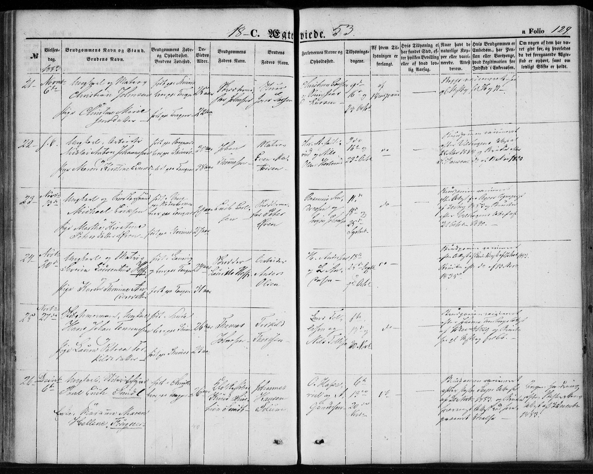 Strømsø kirkebøker, AV/SAKO-A-246/F/Fa/L0017: Parish register (official) no. I 17, 1848-1865, p. 129