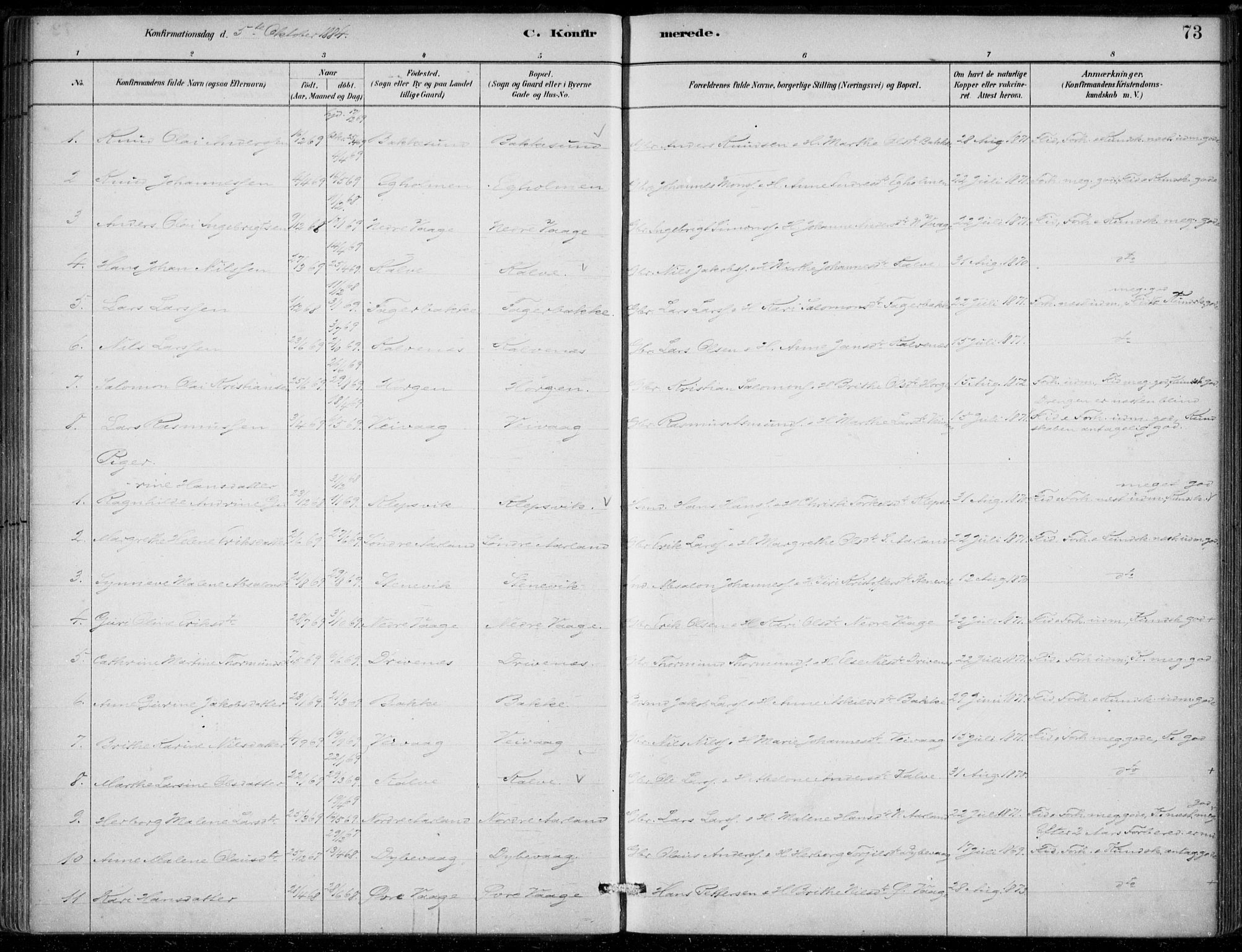 Sund sokneprestembete, AV/SAB-A-99930: Parish register (official) no. D 1, 1882-1899, p. 73