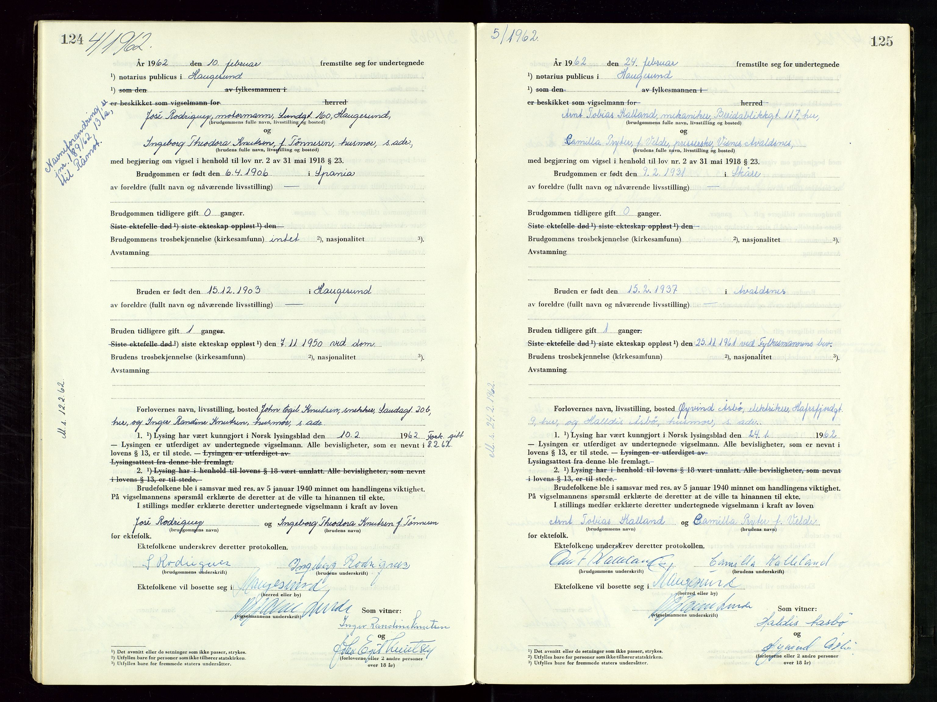 Haugesund tingrett, AV/SAST-A-101415/01/III/IIID/L0007: Vigselbok, 1956-1964, p. 124-125