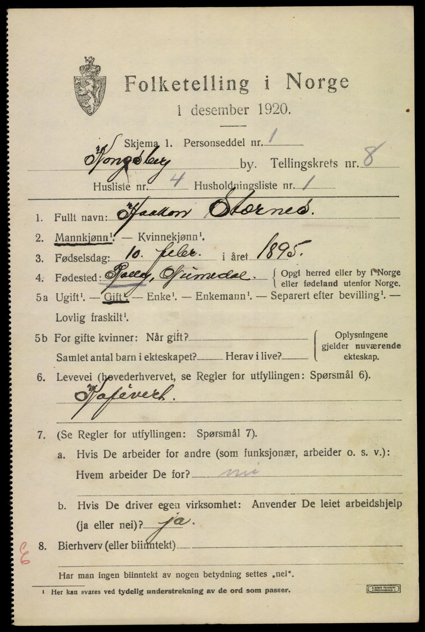 SAKO, 1920 census for Kongsberg, 1920, p. 15884