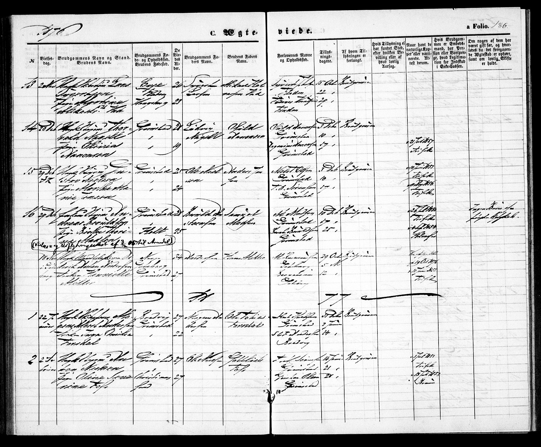 Grimstad sokneprestkontor, SAK/1111-0017/F/Fa/L0002: Parish register (official) no. A 1, 1869-1881, p. 186