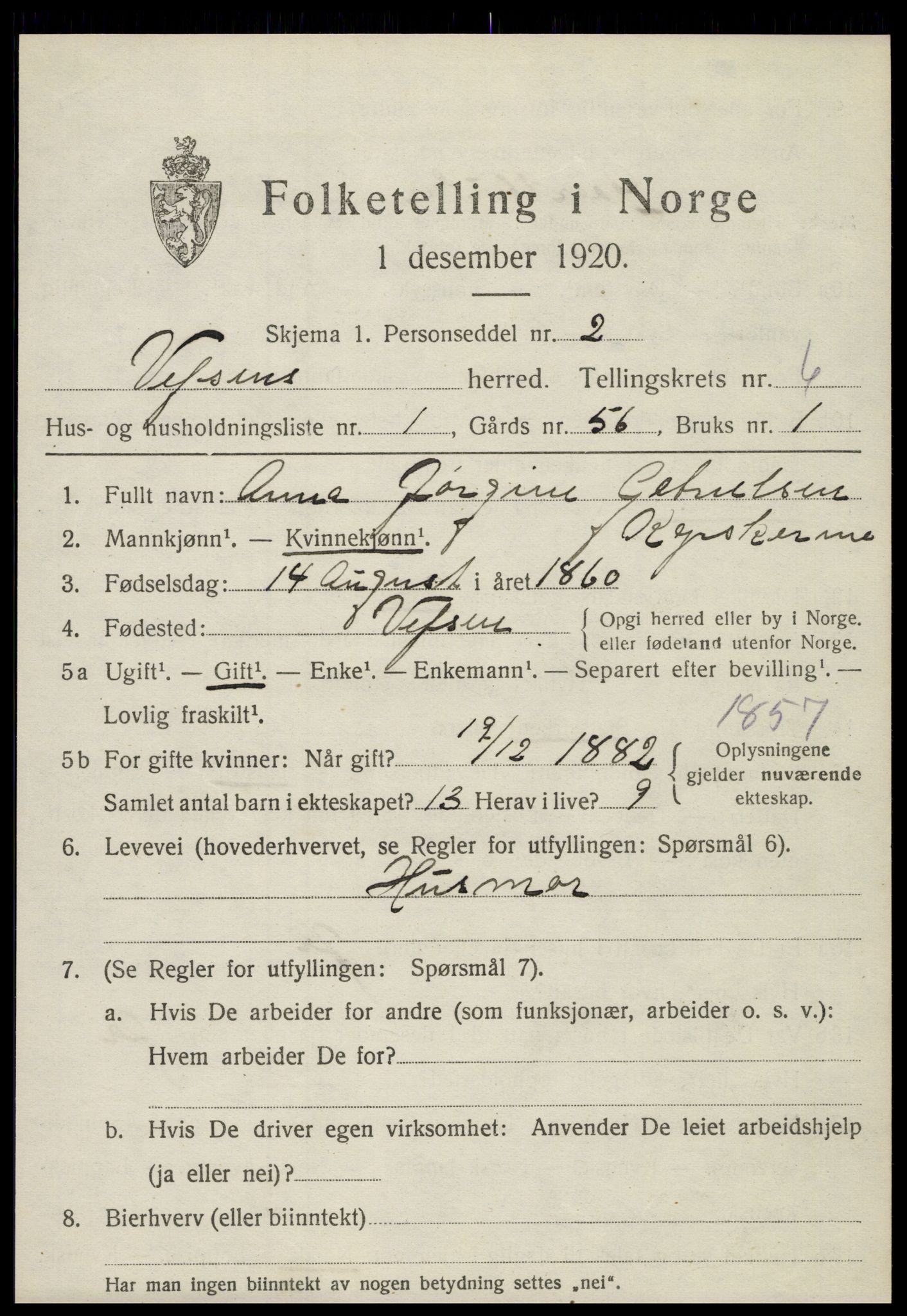 SAT, 1920 census for Vefsn, 1920, p. 4181