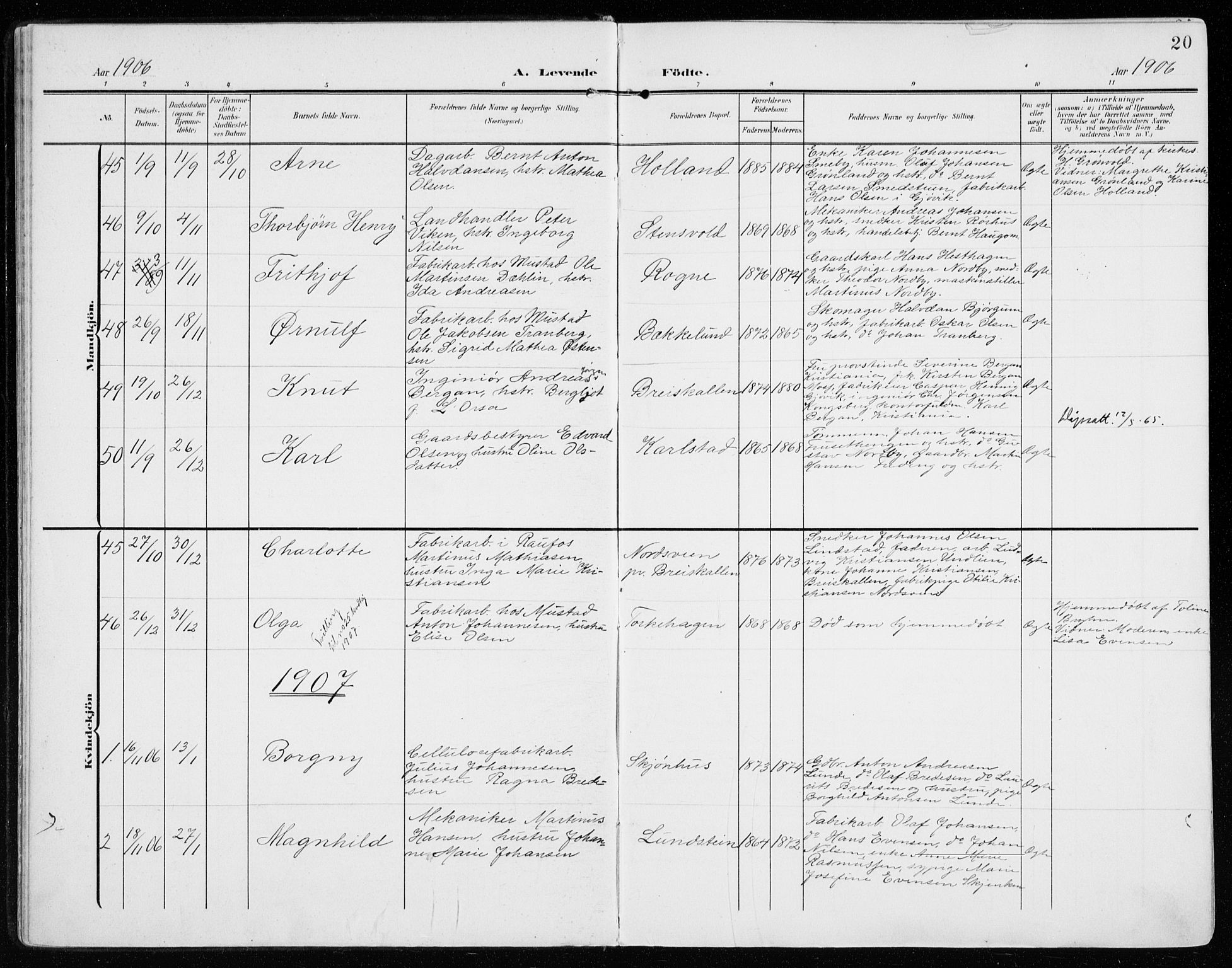 Vardal prestekontor, SAH/PREST-100/H/Ha/Haa/L0016: Parish register (official) no. 16, 1904-1916, p. 20