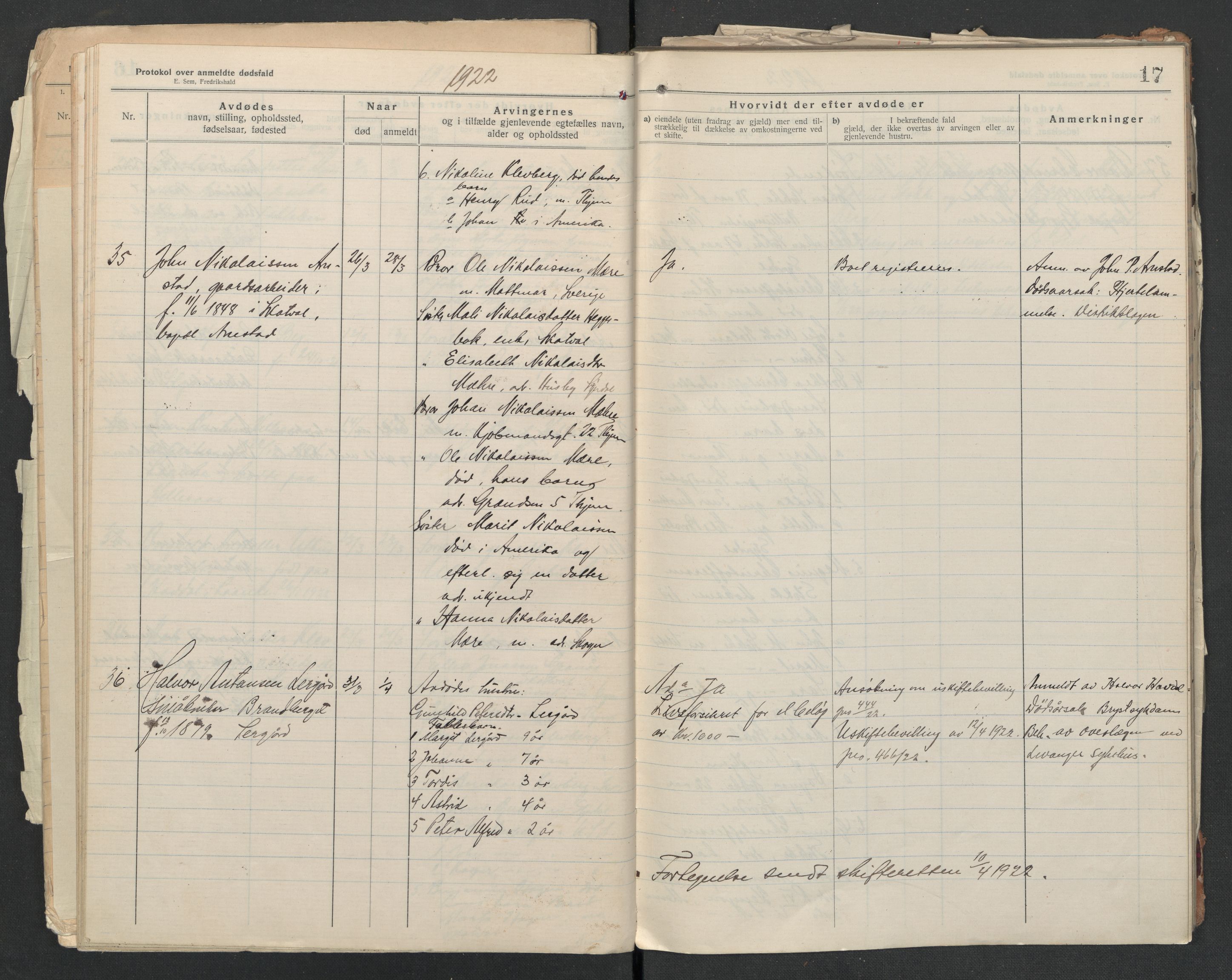 Nedre Stjørdal lensmannskontor, AV/SAT-A-1044/02/L0005: 2.01.05 Dødsfallsprotokoller, 1921-1928, p. 17