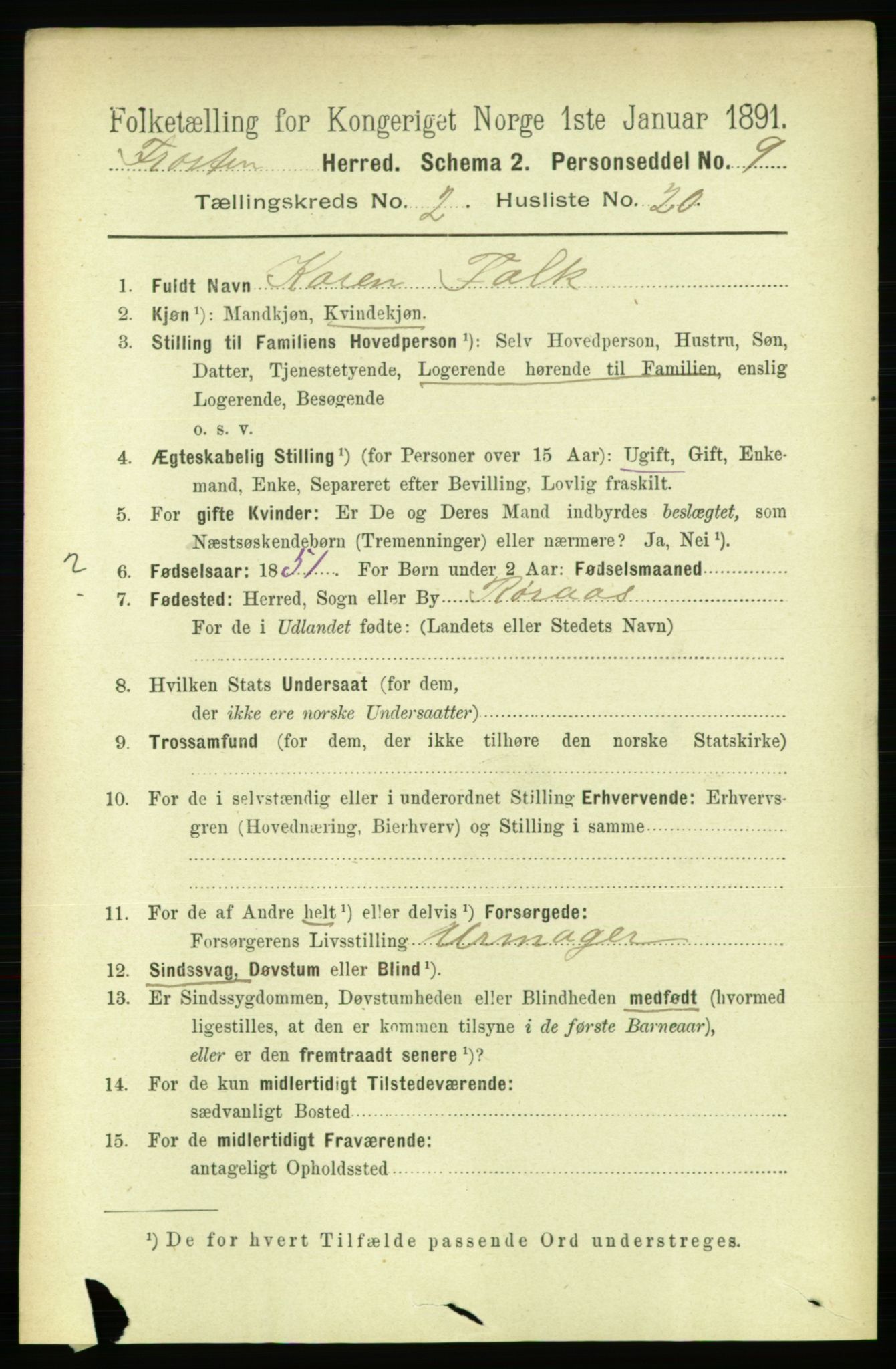 RA, 1891 census for 1717 Frosta, 1891, p. 1185