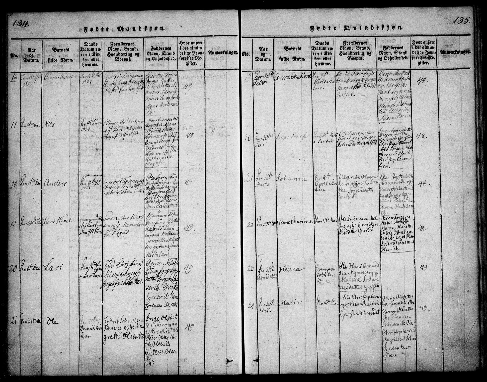 Hurdal prestekontor Kirkebøker, AV/SAO-A-10889/F/Fa/L0003: Parish register (official) no. I 3, 1815-1828, p. 134-135