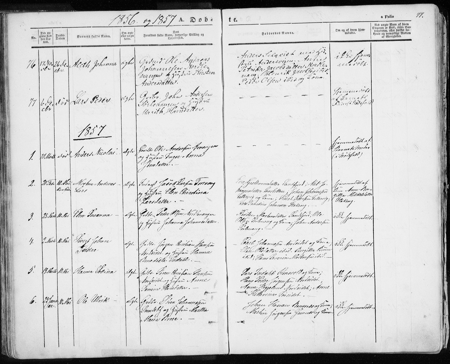 Karlsøy sokneprestembete, SATØ/S-1299/H/Ha/Haa/L0003kirke: Parish register (official) no. 3, 1843-1860, p. 77