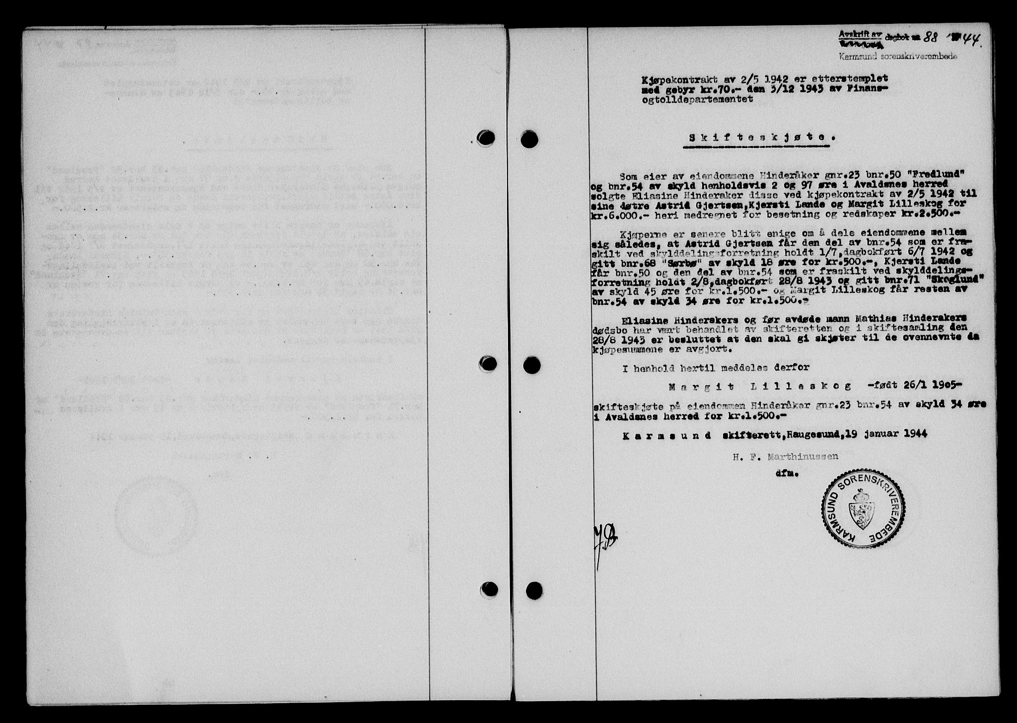Karmsund sorenskriveri, SAST/A-100311/01/II/IIB/L0081: Mortgage book no. 62A, 1943-1944, Diary no: : 88/1944