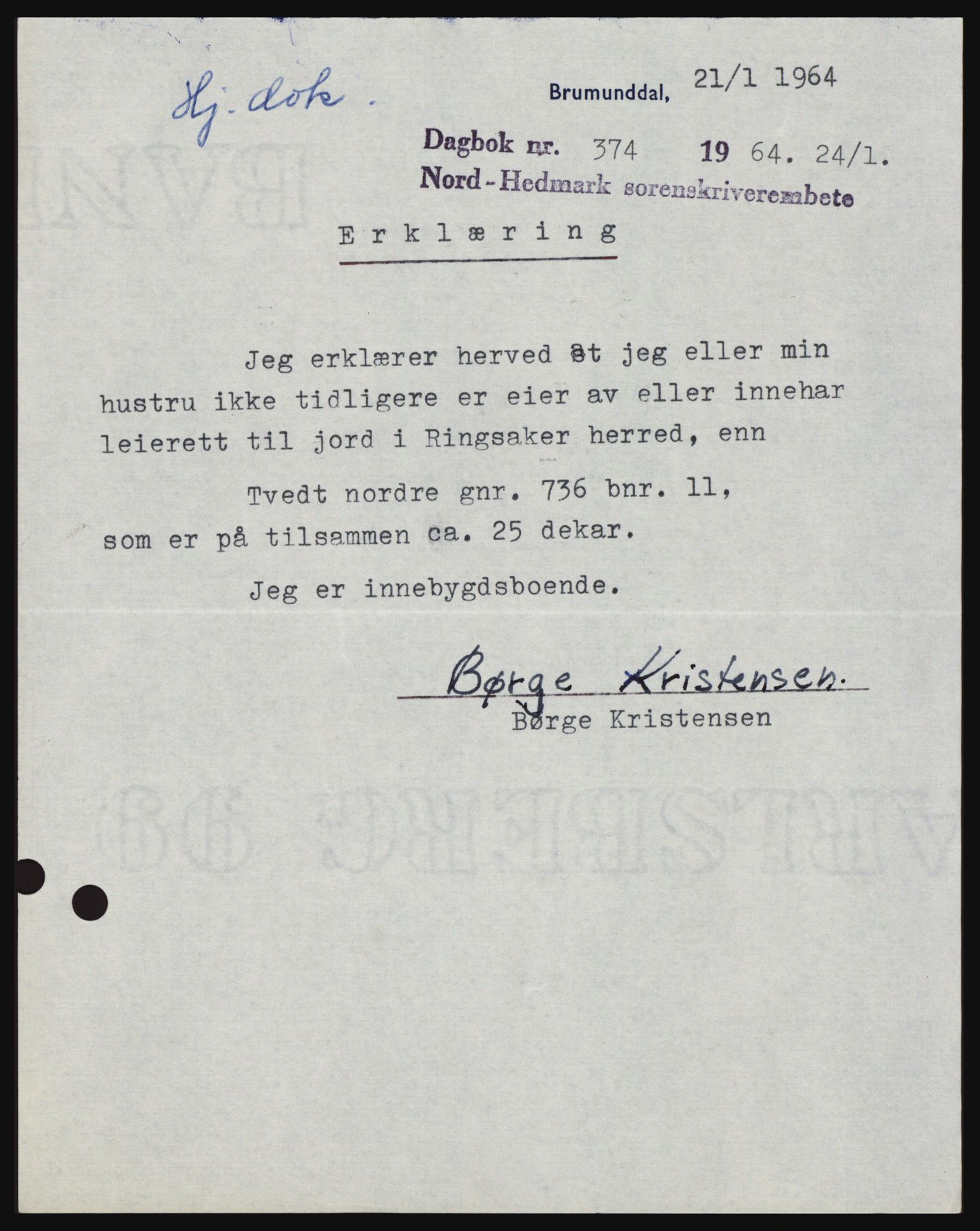 Nord-Hedmark sorenskriveri, SAH/TING-012/H/Hc/L0019: Mortgage book no. 19, 1963-1964, Diary no: : 374/1964