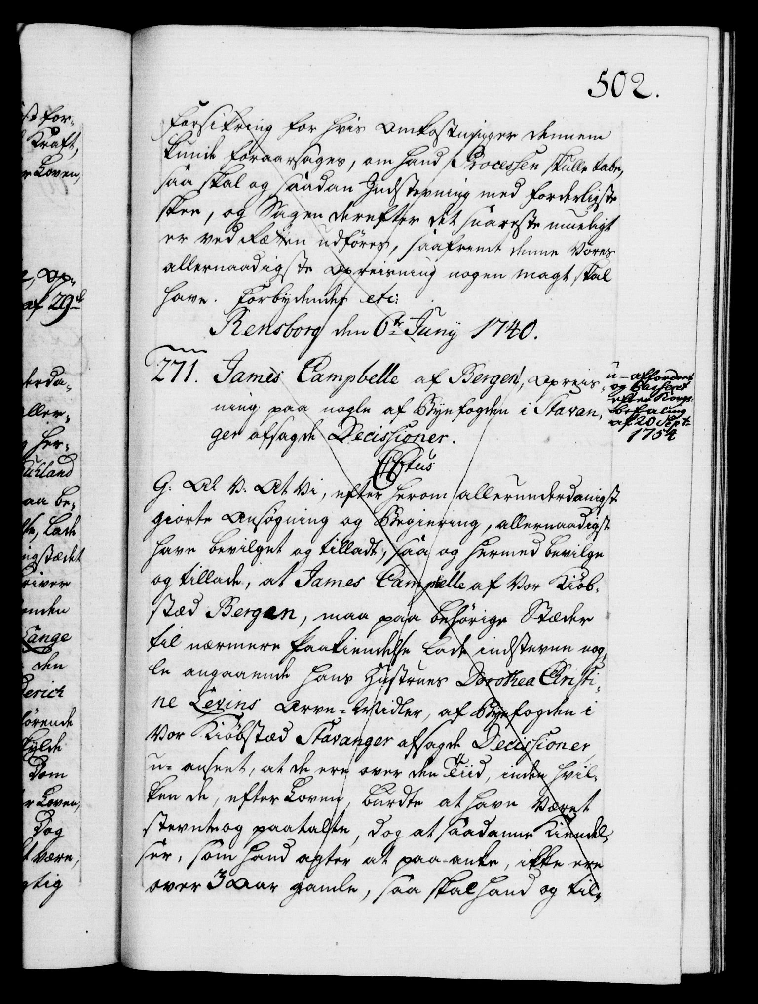 Danske Kanselli 1572-1799, AV/RA-EA-3023/F/Fc/Fca/Fcaa/L0031: Norske registre, 1739-1740, p. 502a