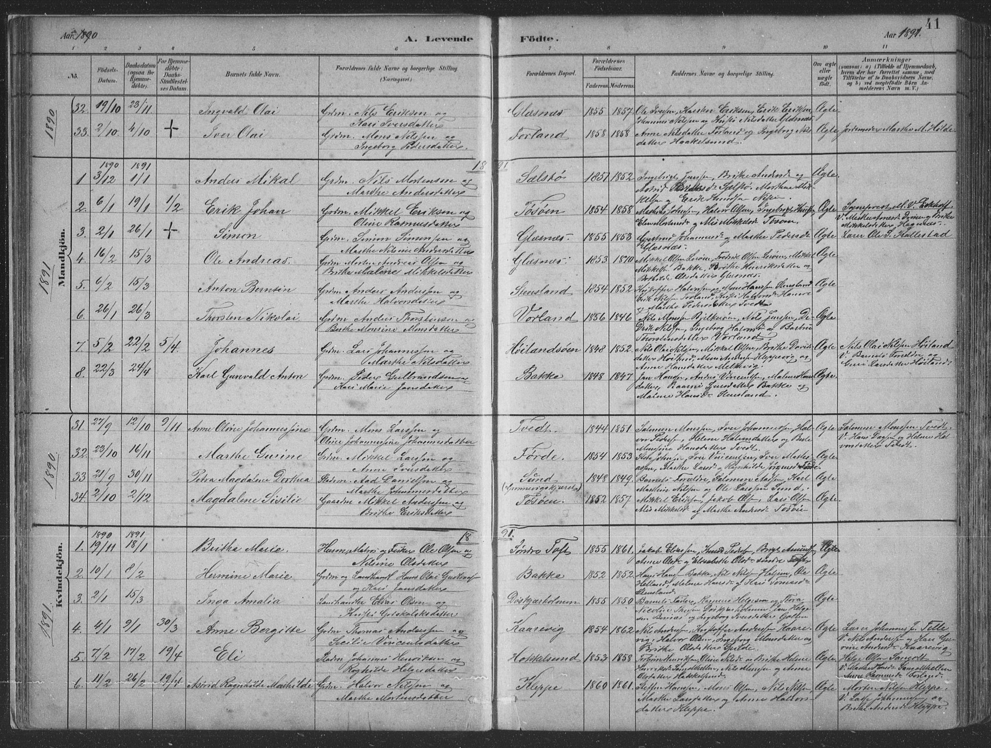 Sund sokneprestembete, AV/SAB-A-99930: Parish register (copy) no. B 3, 1882-1911, p. 41