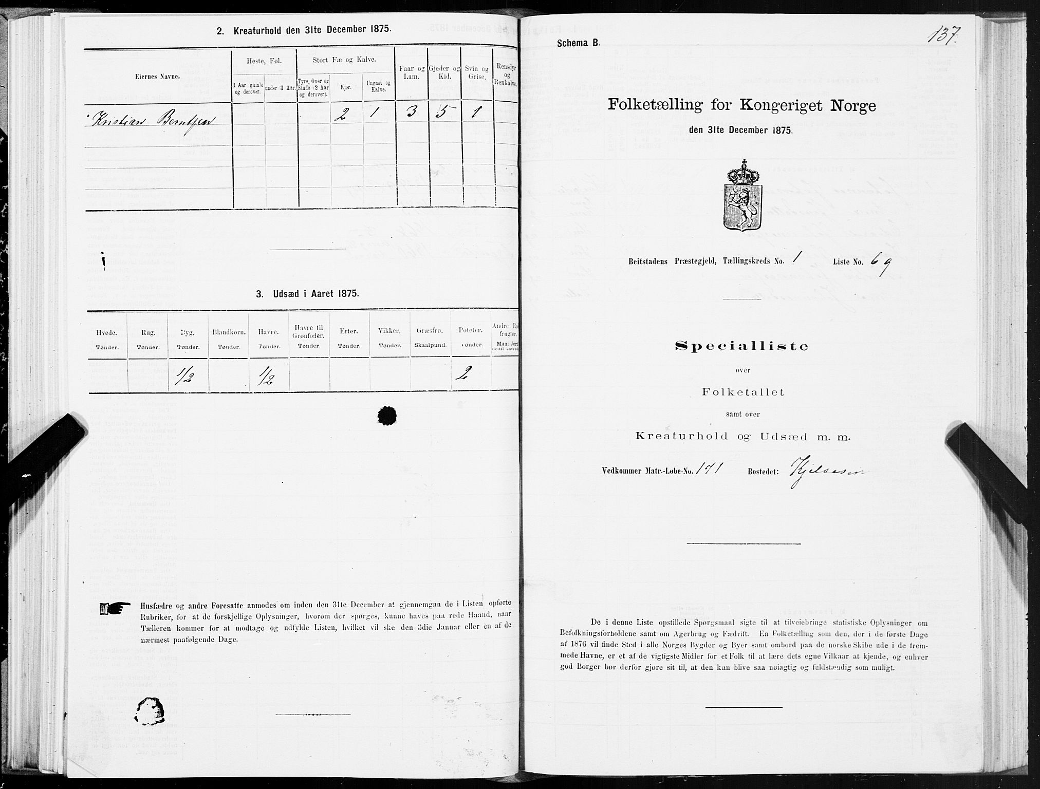 SAT, 1875 census for 1727P Beitstad, 1875, p. 1137