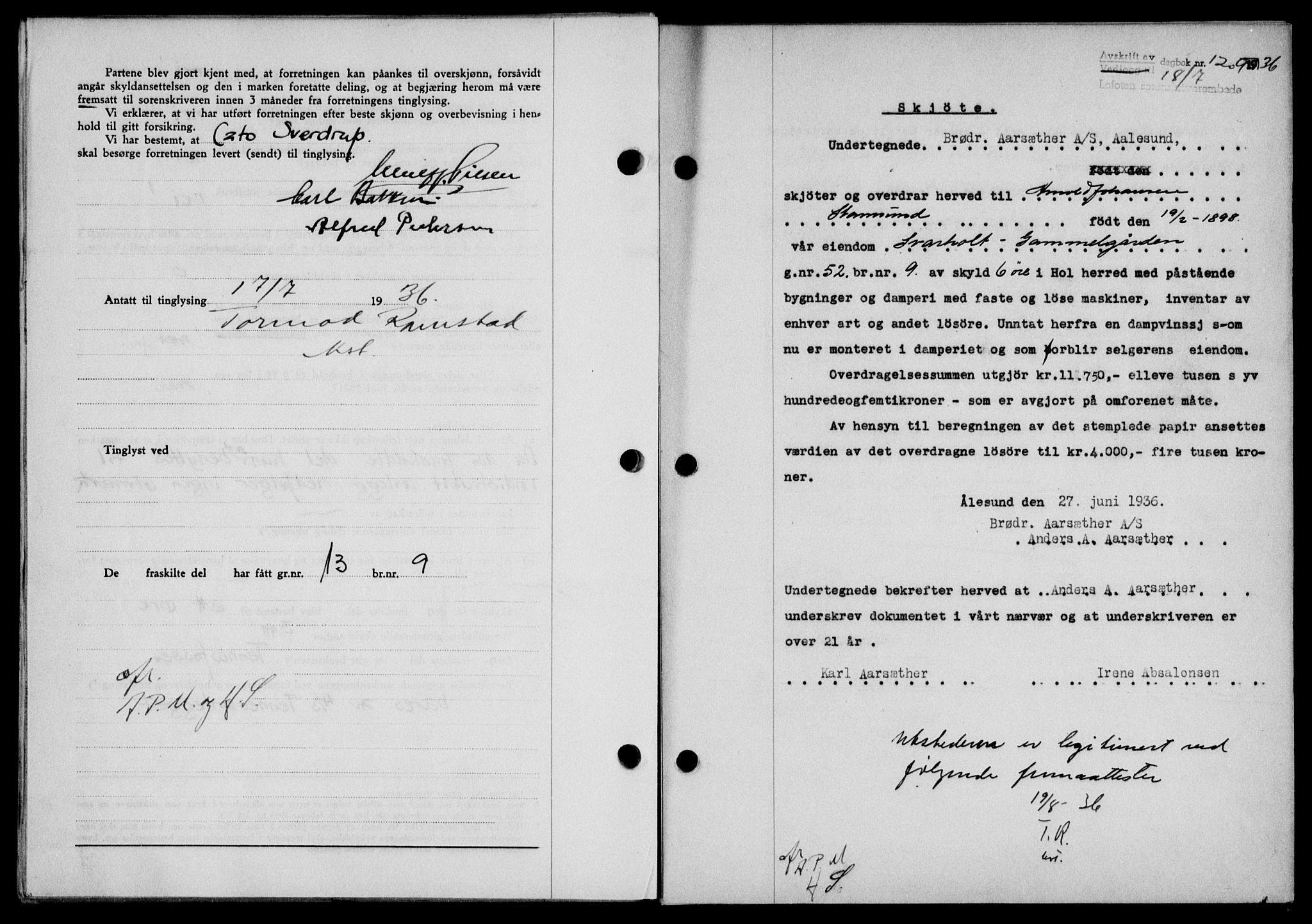 Lofoten sorenskriveri, SAT/A-0017/1/2/2C/L0001a: Mortgage book no. 1a, 1936-1937, Diary no: : 1209/1936
