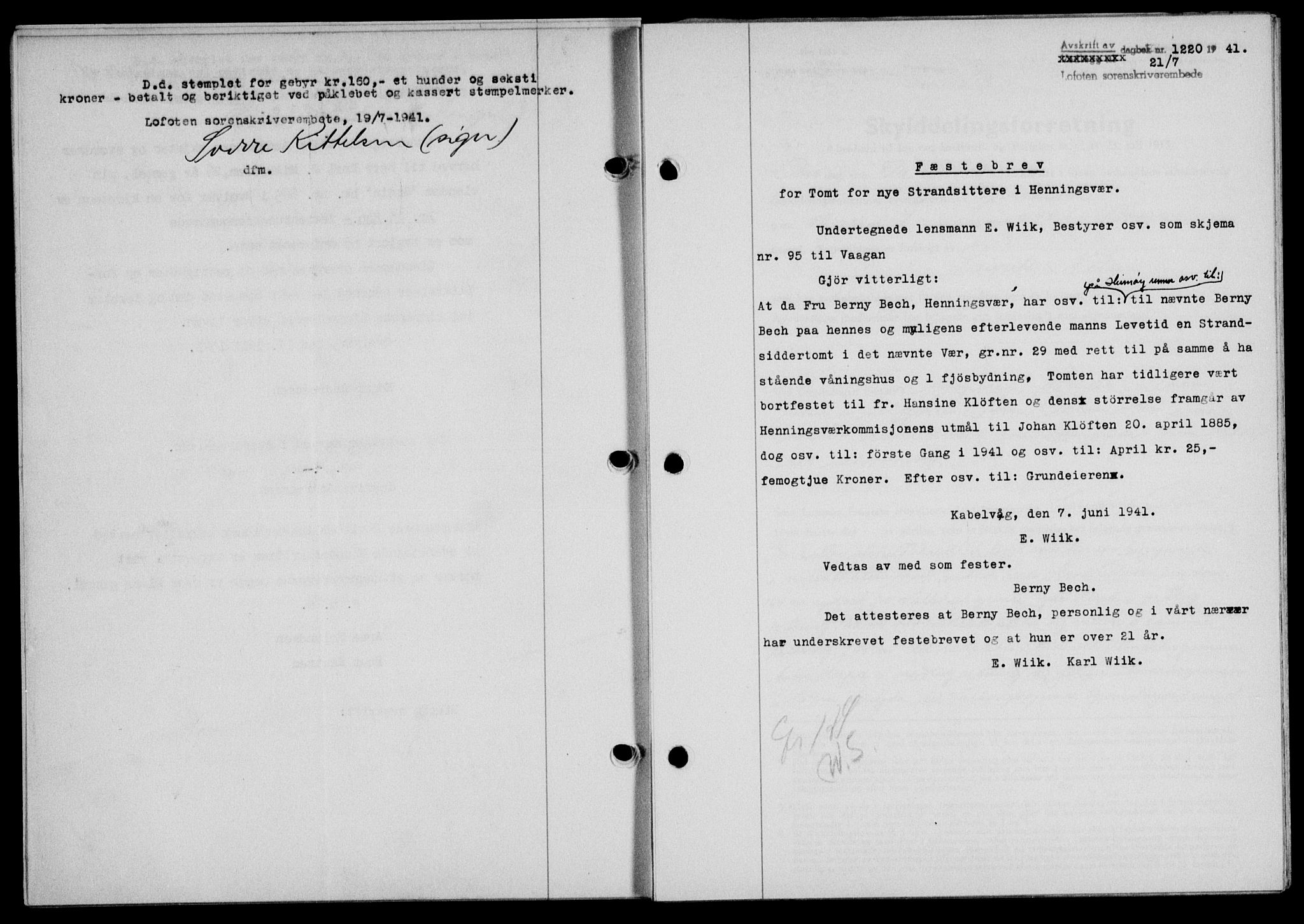 Lofoten sorenskriveri, SAT/A-0017/1/2/2C/L0008a: Mortgage book no. 8a, 1940-1941, Diary no: : 1220/1941