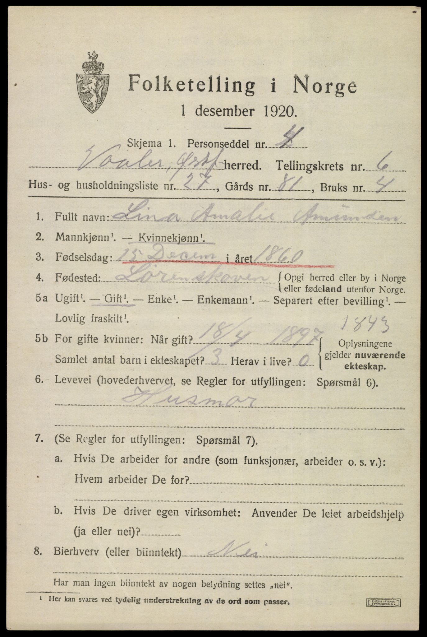 SAO, 1920 census for Våler, 1920, p. 3418